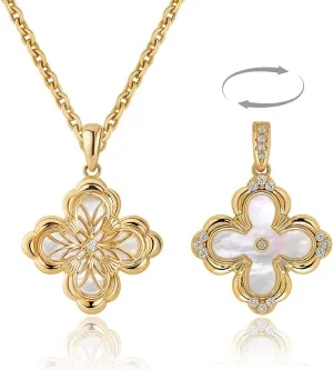Fettero Dainty Gold Necklace for Women - Double Sided Pendant Necklace 14K Gold Plated Charm Clover Necklace Jewelry for Valentine's Day
