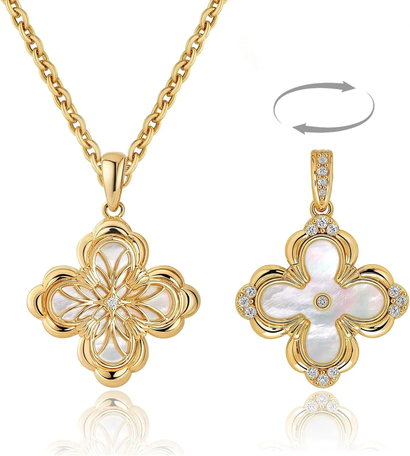 Fettero Dainty Gold Necklace for Women - Double Sided Pendant Necklace 14K Gold Plated Charm Clover Necklace Jewelry for Valentine's Day