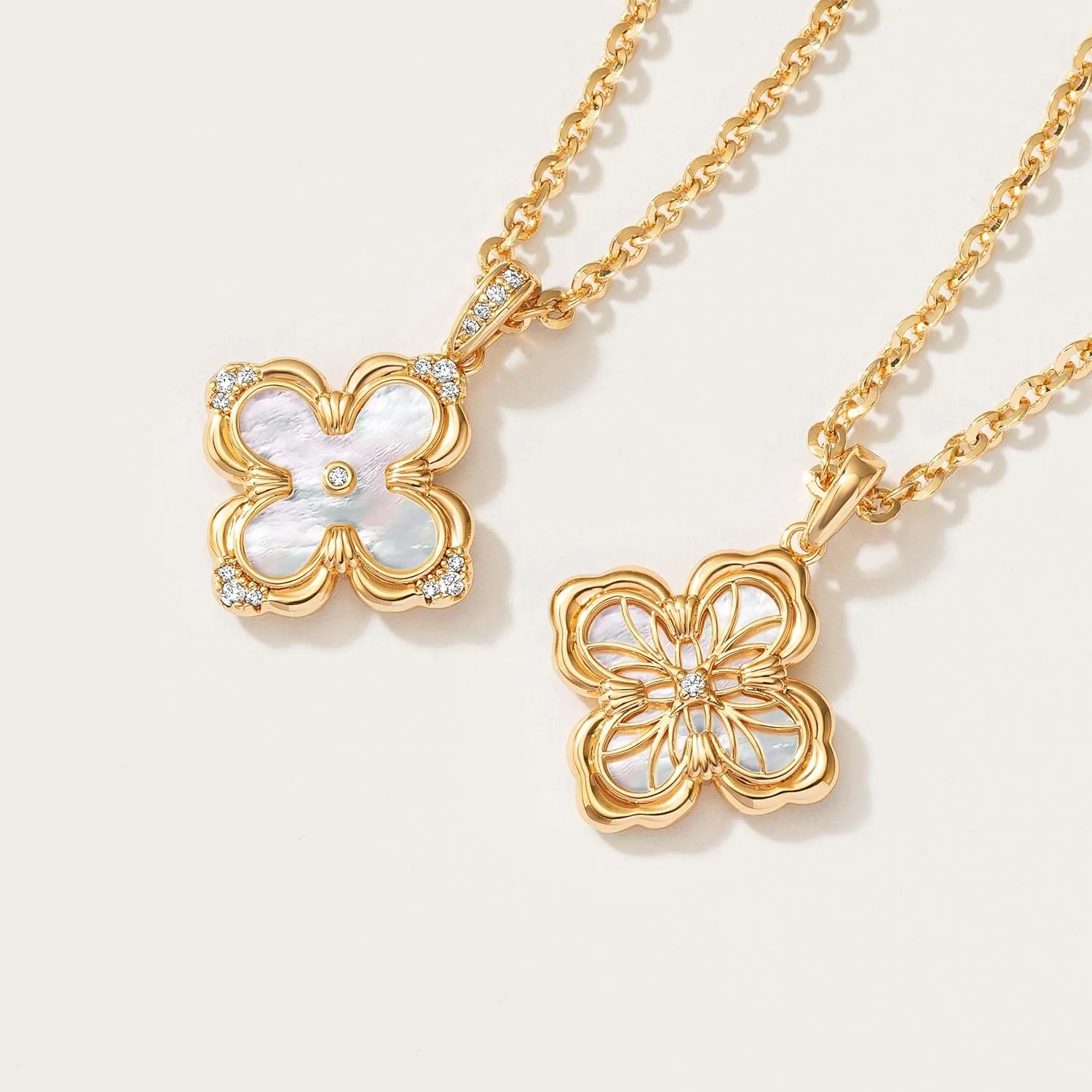 Fettero Dainty Gold Necklace for Women - Double Sided Pendant Necklace 14K Gold Plated Charm Clover Necklace Jewelry for Valentine's Day
