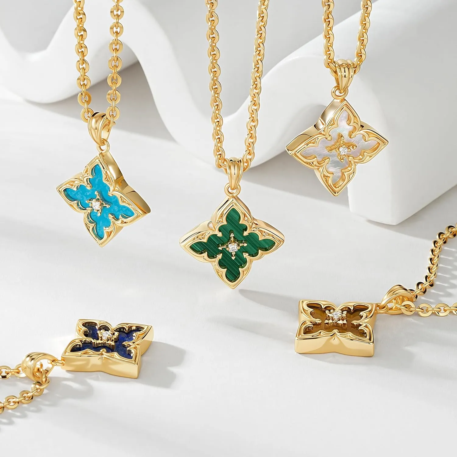 Fettero Gold Clover Necklace for Women Dainty 14K Gold Plated CZ Pendant Necklace Adjustable Chain Choker Charm Colorful Clover Pendant Lucky Necklaces for Women Jewelry