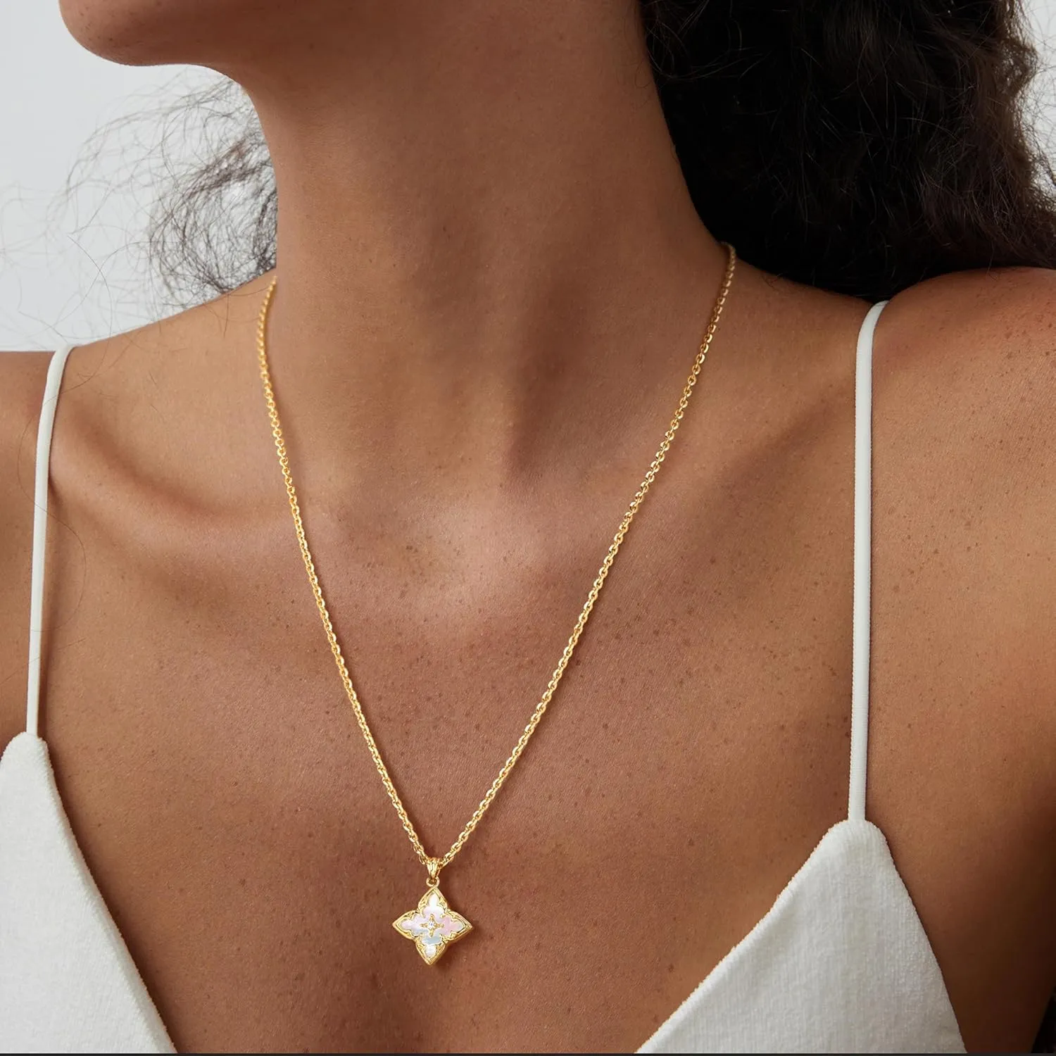 Fettero Gold Clover Necklace for Women Dainty 14K Gold Plated CZ Pendant Necklace Adjustable Chain Choker Charm Colorful Clover Pendant Lucky Necklaces for Women Jewelry