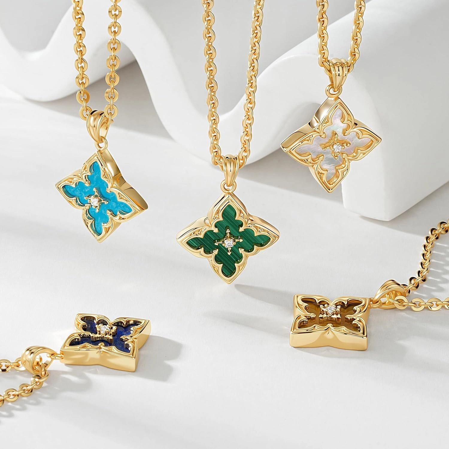 Fettero Gold Clover Necklace for Women Dainty 14K Gold Plated CZ Pendant Necklace Adjustable Chain Choker Charm Colorful Clover Pendant Lucky Necklaces for Women Jewelry