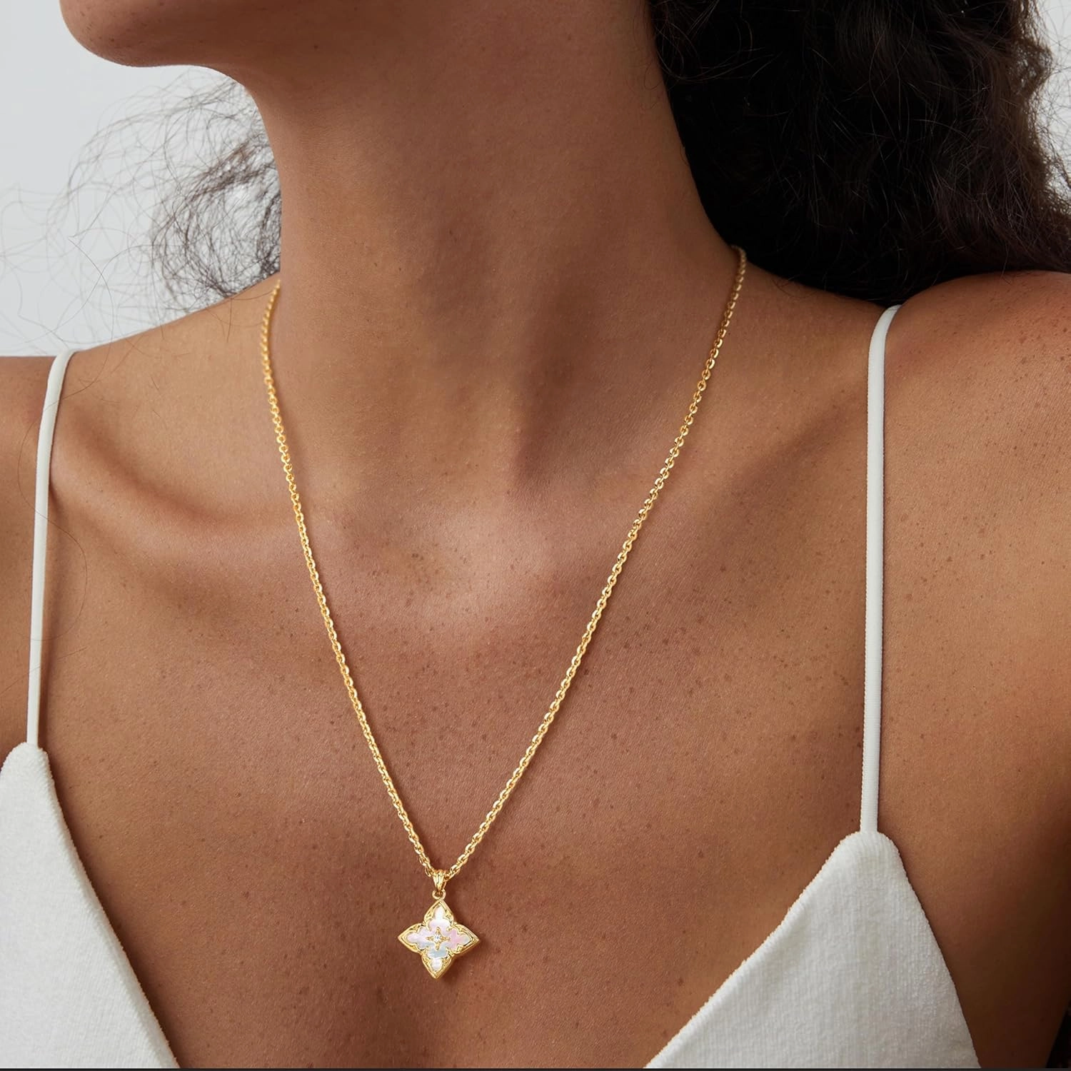 Fettero Gold Clover Necklace for Women Dainty 14K Gold Plated CZ Pendant Necklace Adjustable Chain Choker Charm Colorful Clover Pendant Lucky Necklaces for Women Jewelry