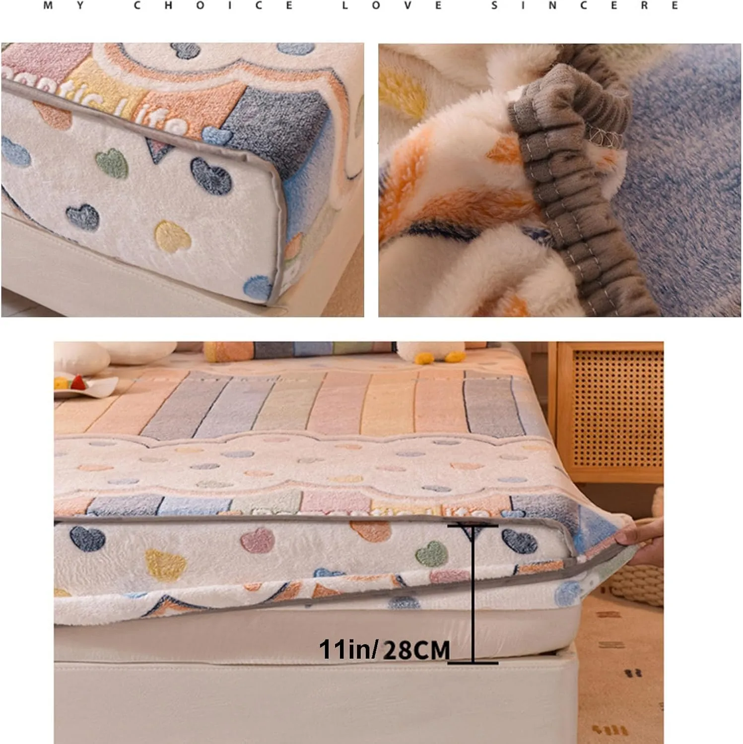 Flannel Mattress Protector for Cal King Queen Full Twin Size, Cartoon Warm Mattress Covers Soft Bed Cover Fitted Daybed Cover for Kid Room (B,Twin (90x200cm))