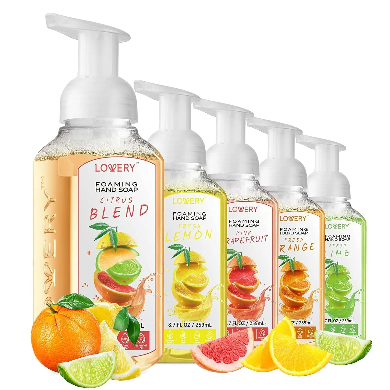 Foaming Hand Soap - Pack of 5 - Moisturizing Hand Soap with Aloe Vera & Essential Oils - Alcohol-Free Hand Wash in Citrus Blend, Lemon, Orange, Lime, Pink Grapefruit Fragrances for Kitchen & Bathroom