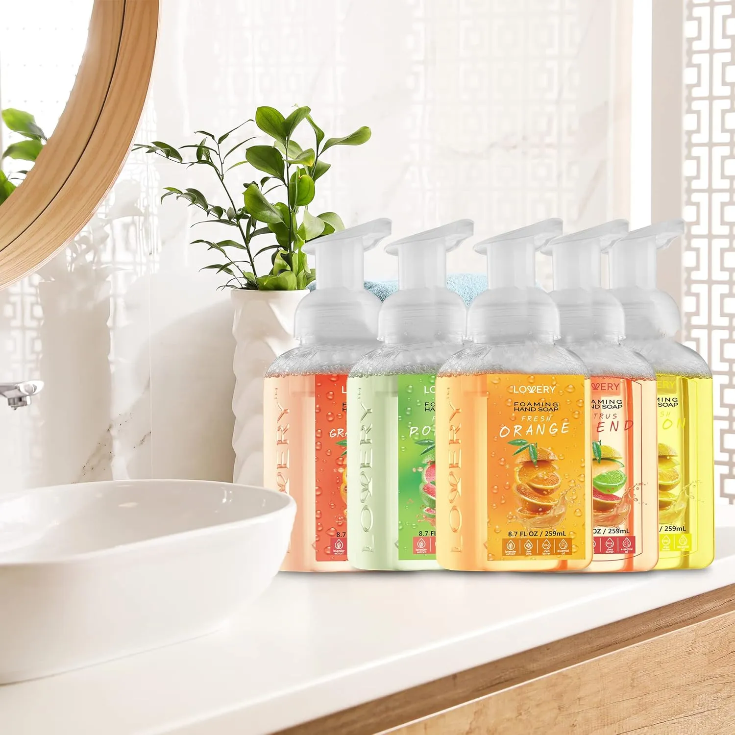 Foaming Hand Soap - Pack of 5 - Moisturizing Hand Soap with Aloe Vera & Essential Oils - Alcohol-Free Hand Wash in Citrus Blend, Lemon, Orange, Lime, Pink Grapefruit Fragrances for Kitchen & Bathroom