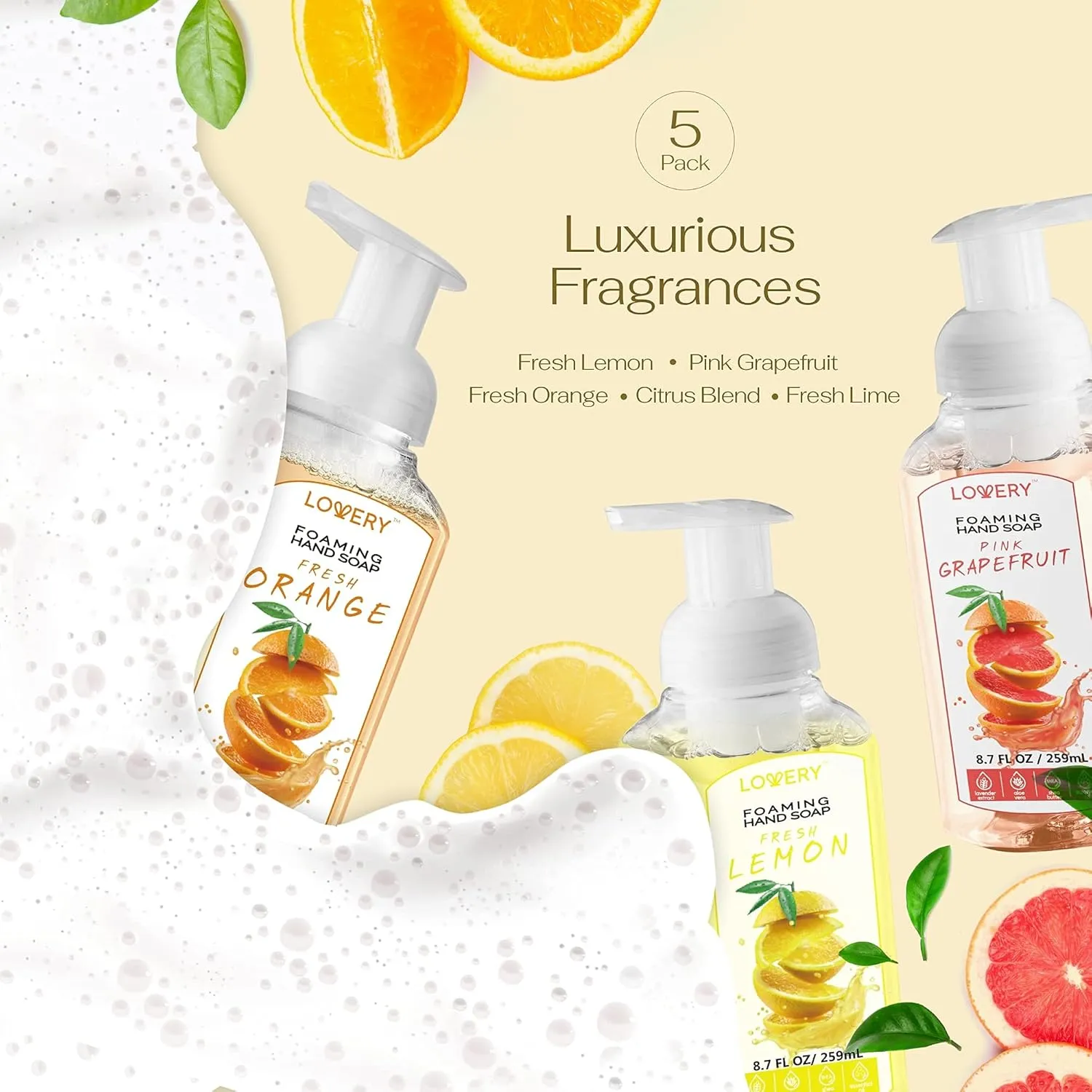 Foaming Hand Soap - Pack of 5 - Moisturizing Hand Soap with Aloe Vera & Essential Oils - Alcohol-Free Hand Wash in Citrus Blend, Lemon, Orange, Lime, Pink Grapefruit Fragrances for Kitchen & Bathroom