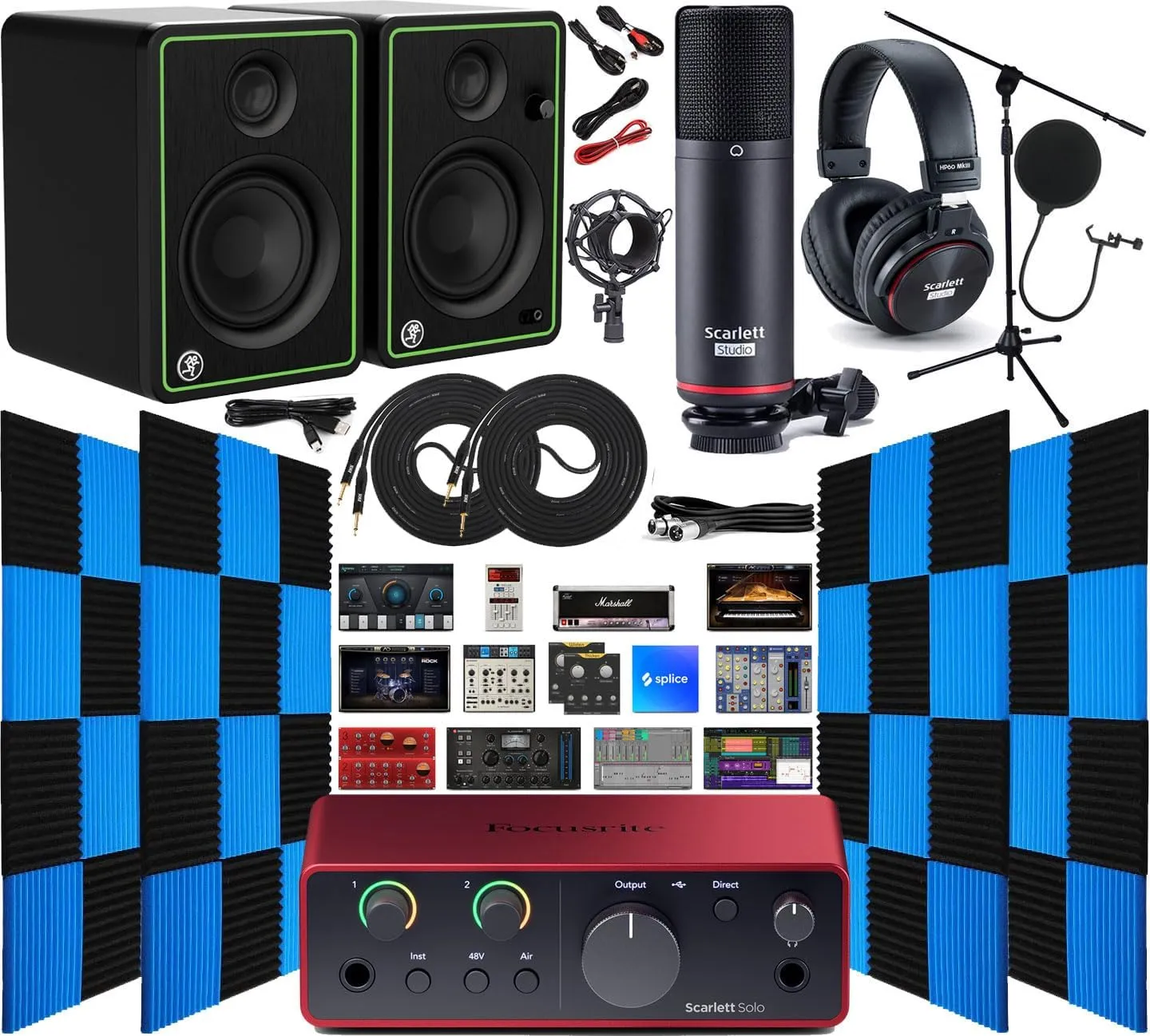 Focusrite Scarlett Solo Studio 4th Gen 2x2 Audio Interface Complete Recording Bundle with Exclusive Creative Music Production Software Kit with CR3-X Multimedia Monitors 24 Pack Acoustic Wedge Panels