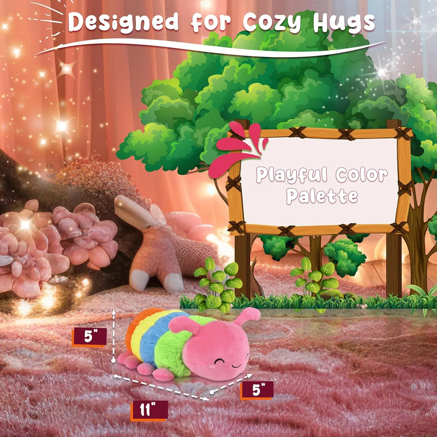 Forest & Twelfth 11" Caterpillar Toy Stuffed Caterpillar Plush Toys, Soft and Cuddly Hungry Caterpillar Toy for Kids, Cute Decoration for Kid's Bedroom, Nursery, or Play Area (Pink)