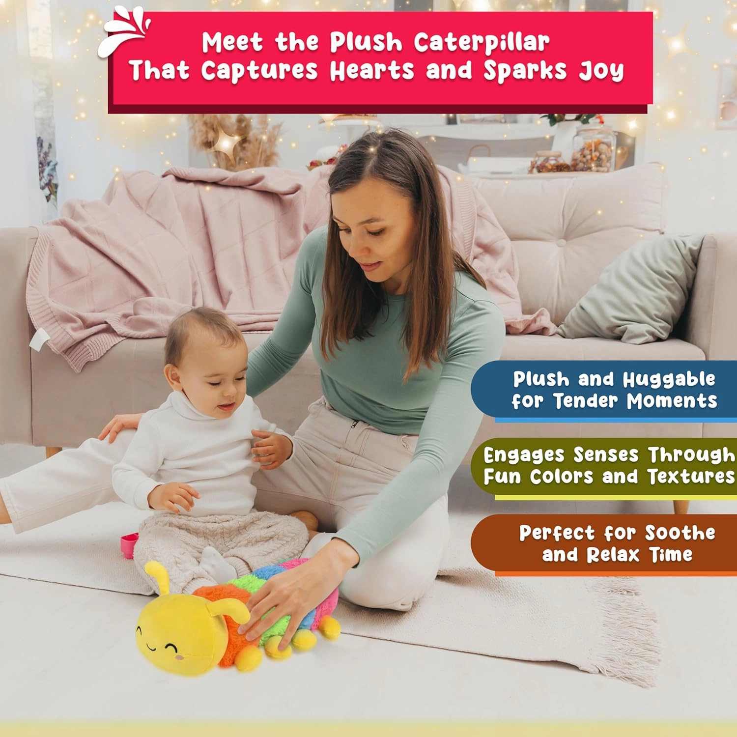 Forest & Twelfth 20" Caterpillar Toy Stuffed Caterpillar Plush Toys, Soft and Cuddly Hungry Caterpillar Toy for Kids, Cute Decoration for Kid's Bedroom, Nursery, or Play Area (Yellow)