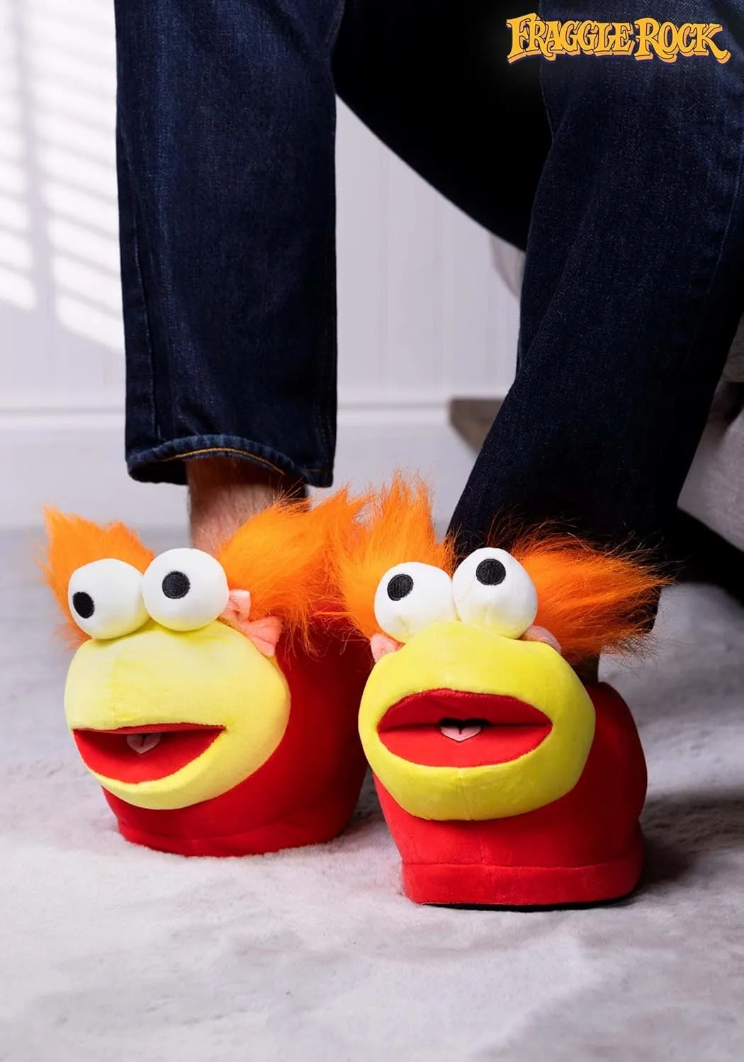 Fraggle Rock Red Plush Slippers Velour Fabric, Fiberfill Stuffed, Anti-Slip Sole