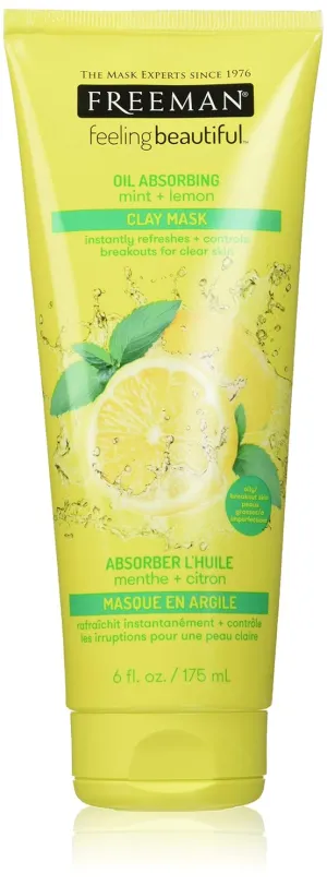 Freeman Oil Absorbing Mint & Lemon Clay Mask, Facial Mask, Skincare, 6 fl oz tube/175 mL