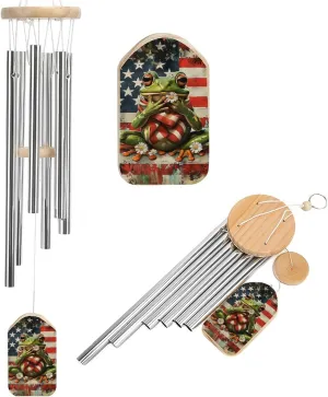 Funny Frog American Flag Wind Chimes Outside with Relaxing Rich Sound, Memorial Wind Chimes Gifts Porch Garden Backyard