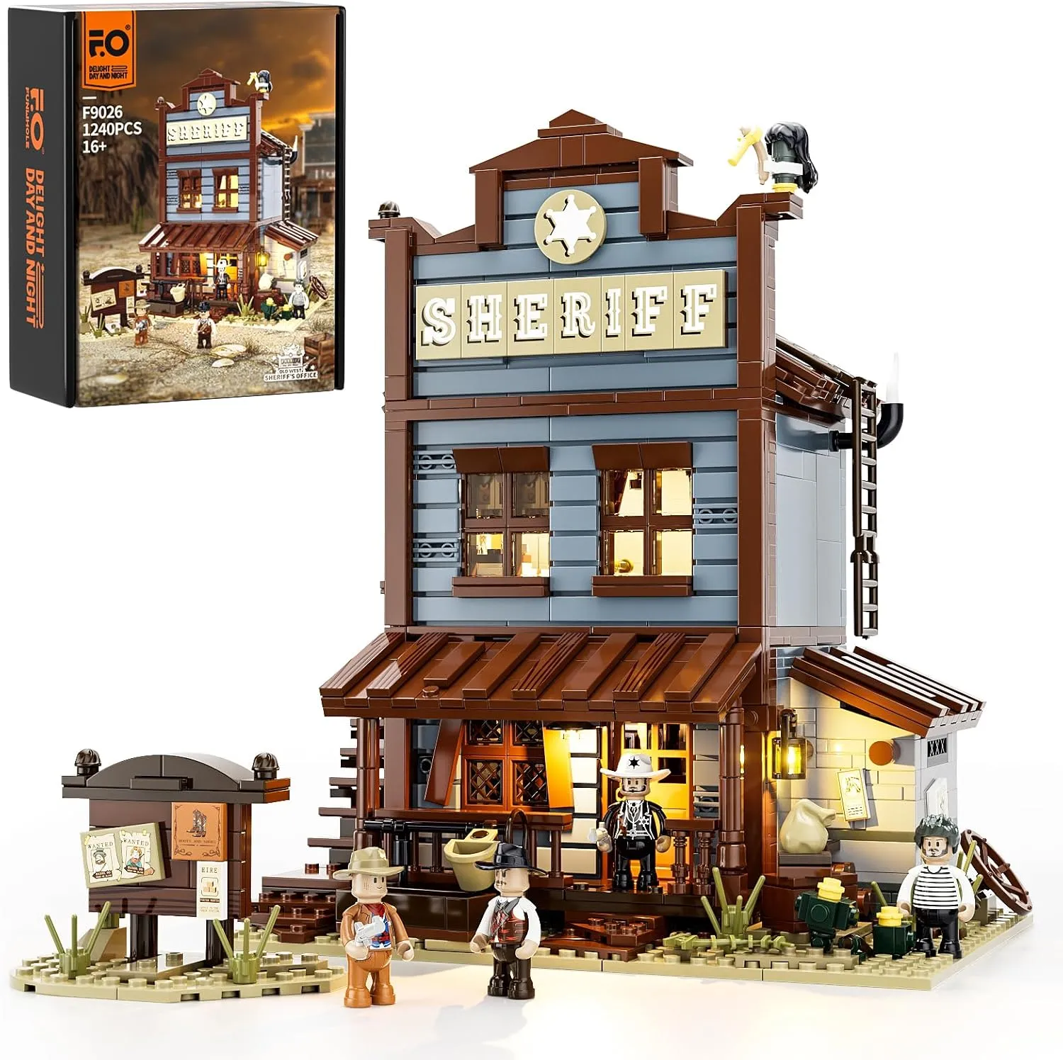 Funwhole Sheriff's-Office Lighting Building-Bricks Set - The Old West Sheriff's Office LED Light Construction Building Model Set 1240 Pcs for Adults and Teen