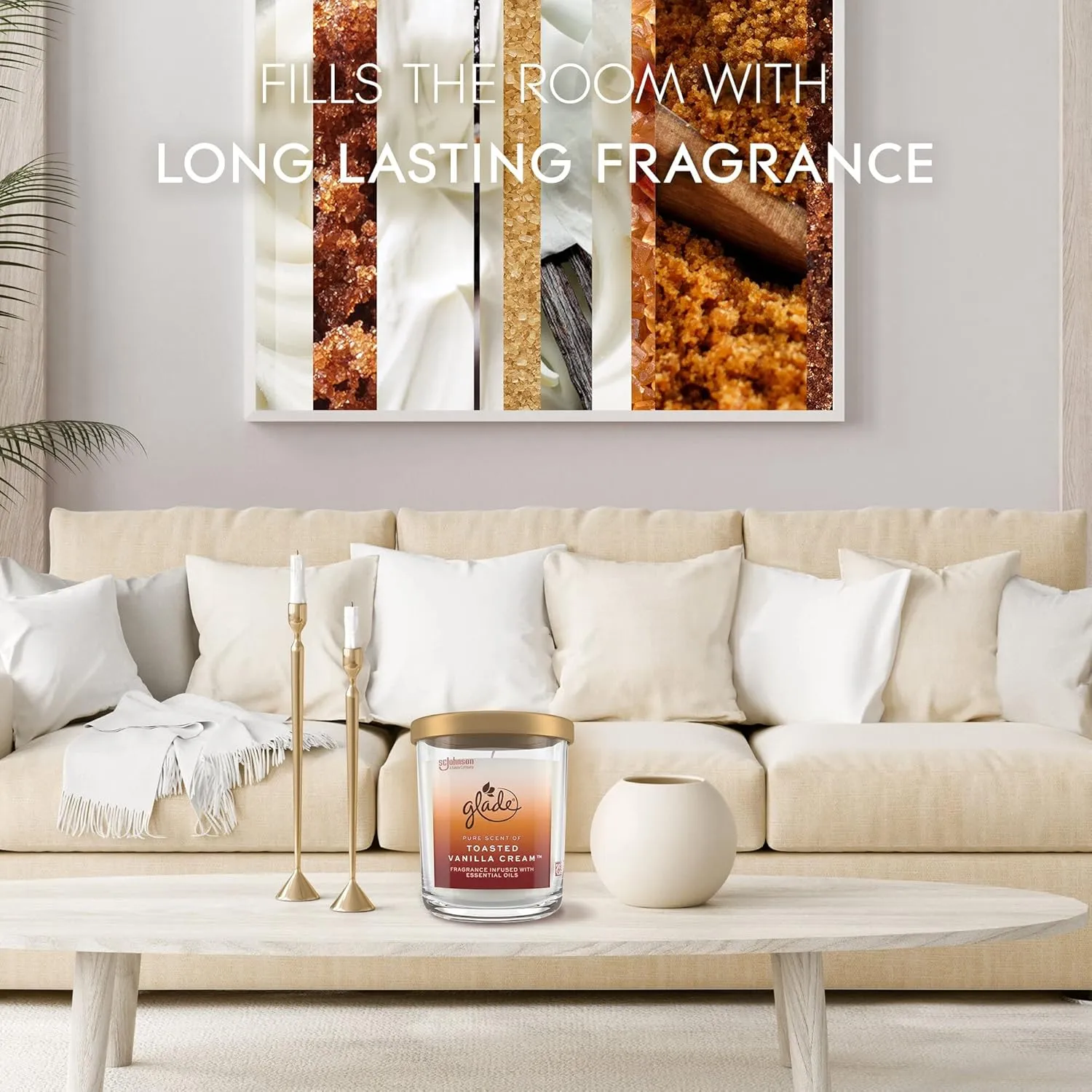 Glade Candle Jar, Large Candle Infused with Essential Oils, Air Freshener for Home Decor, Toasted Vanilla Cream, 16oz