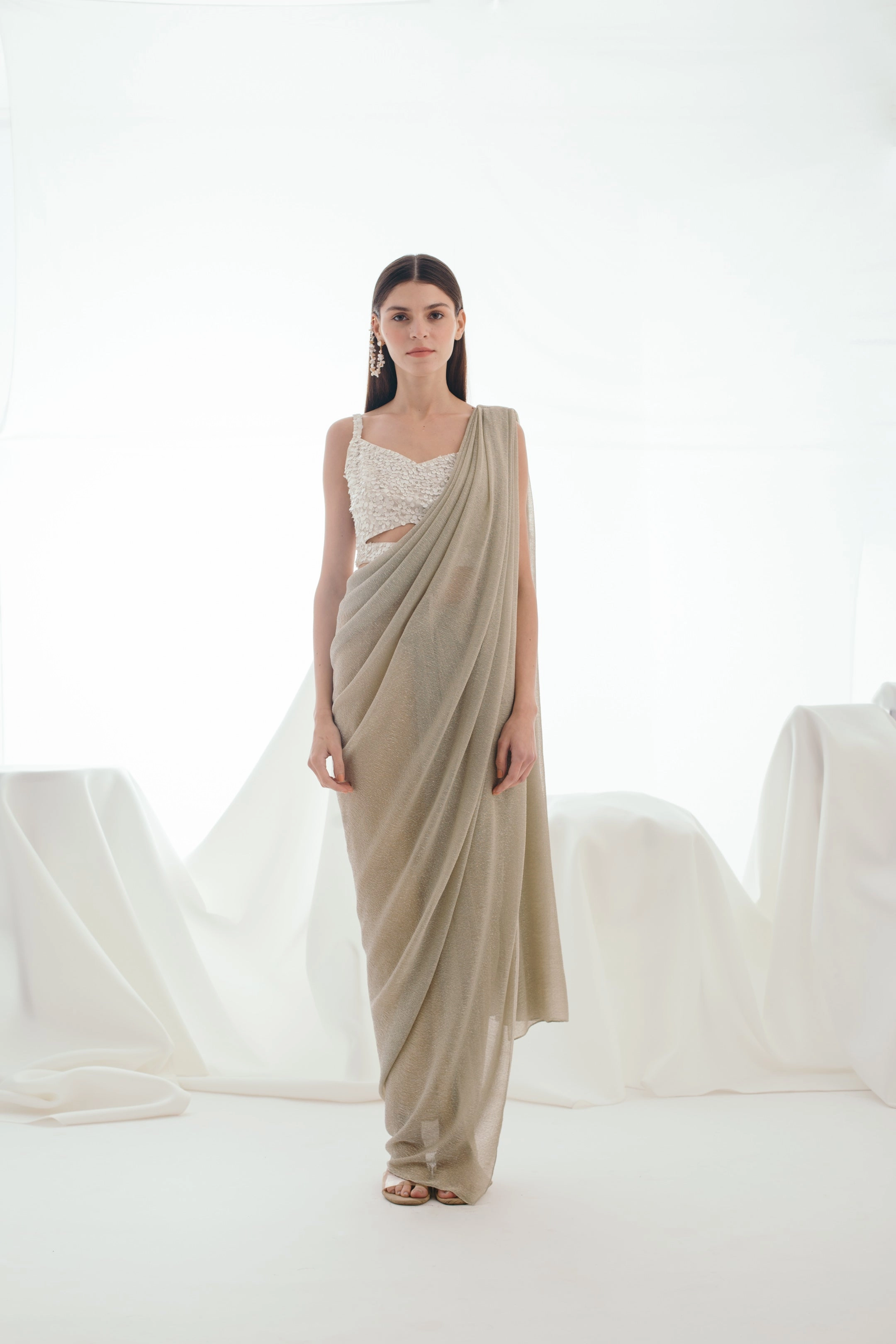 Glistening Snow Gold Three Piece Sari Set