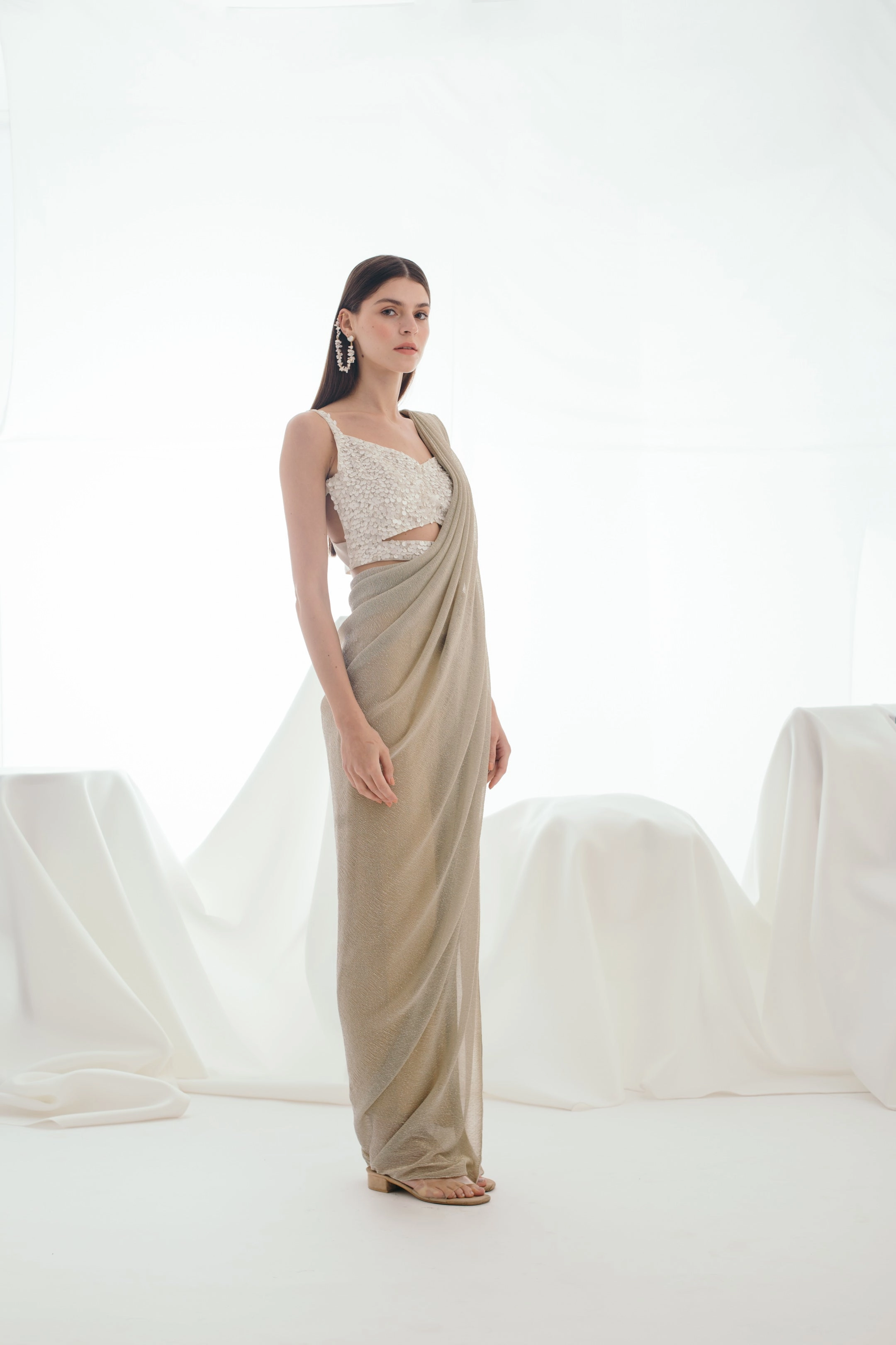 Glistening Snow Gold Three Piece Sari Set