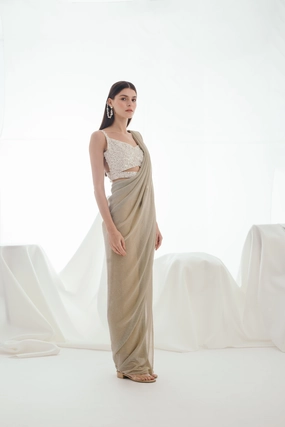 Glistening Snow Gold Three Piece Sari Set