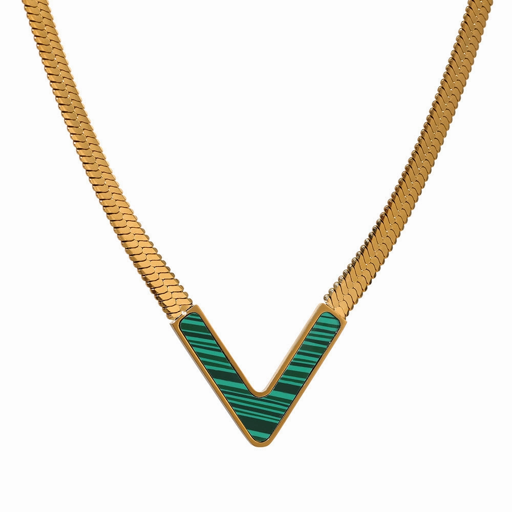Gold V-Shaped Malachite Necklace -jltn0694