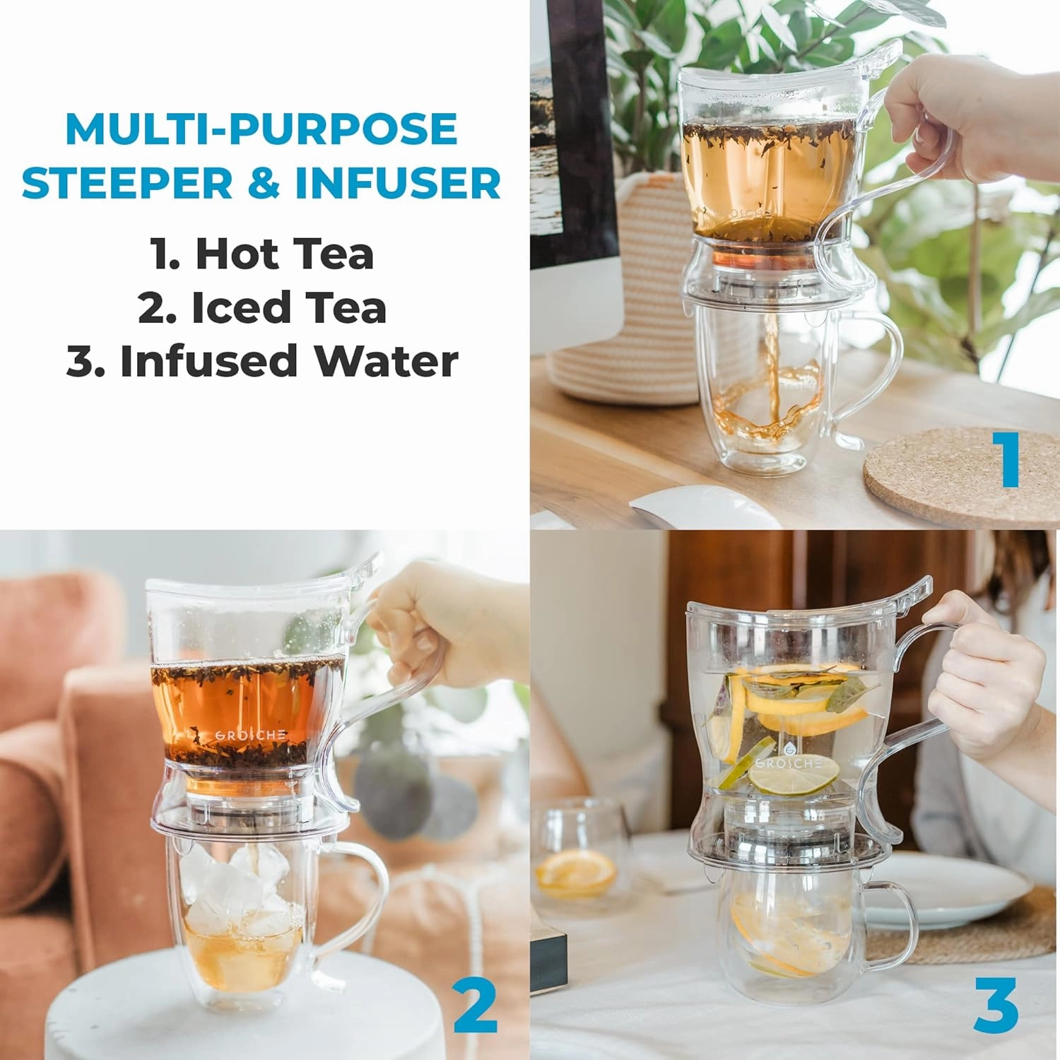 GROSCHE Aberdeen Tea Infuser Teapot & Smart Tea Maker - BPA-Free, Drip-Free Design | Coaster | Easy Brew | Easy Clean Steeper | Loose Leaf Brewing - Stylish Design | 17.7 oz - 1000 ml
