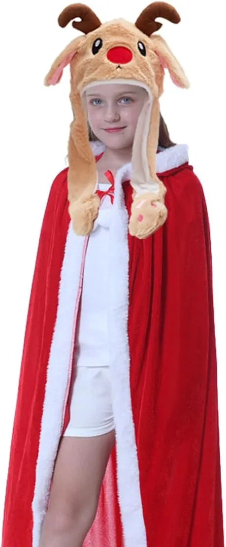Hat with Moving Ears(Whisker) & Dress up Red Cloak Set - Perfect for Kids, Women - Funny Christmas Gifts