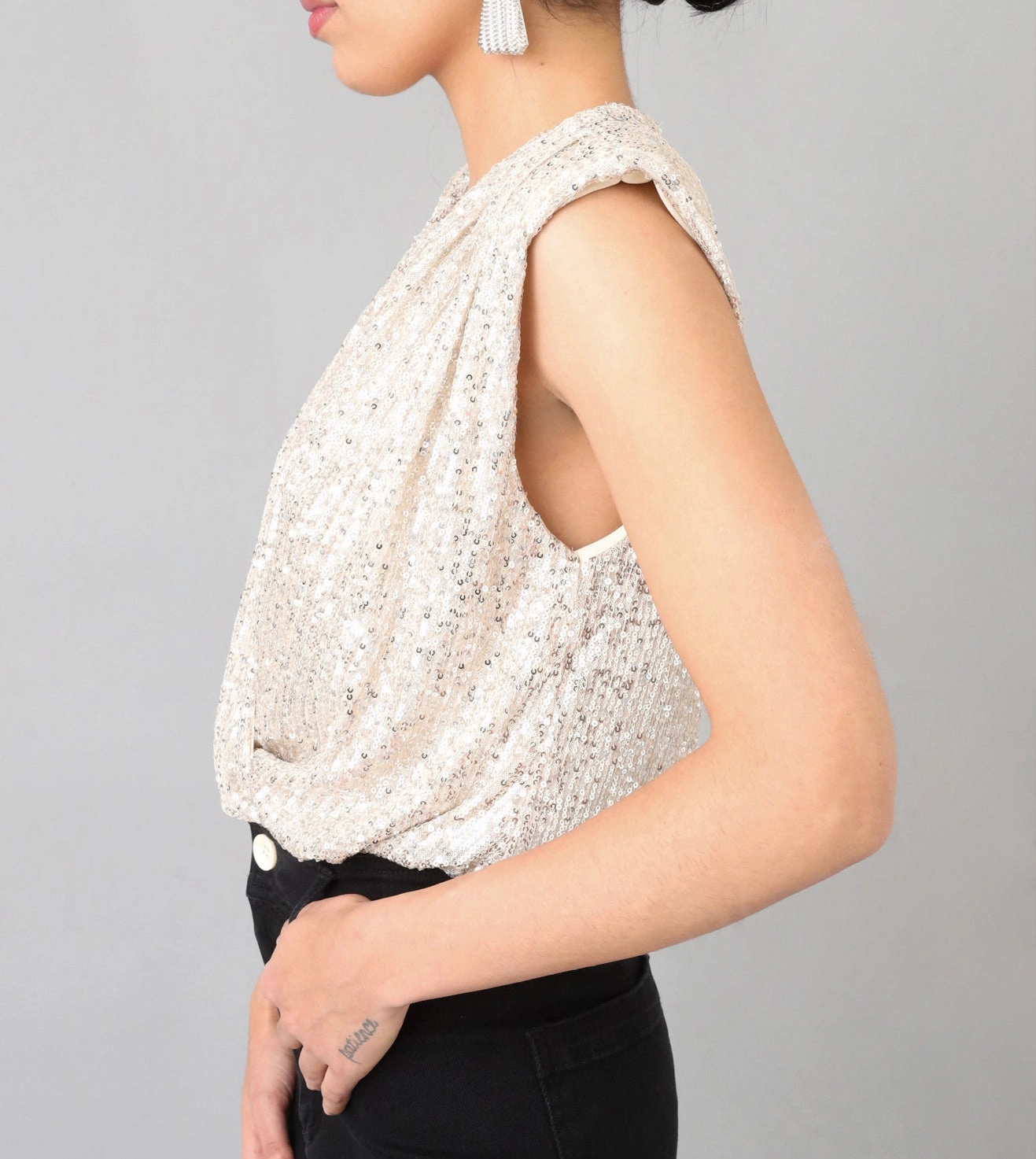 Have to Love Me Champagne Plunging Sequins Surplice Bodysuit