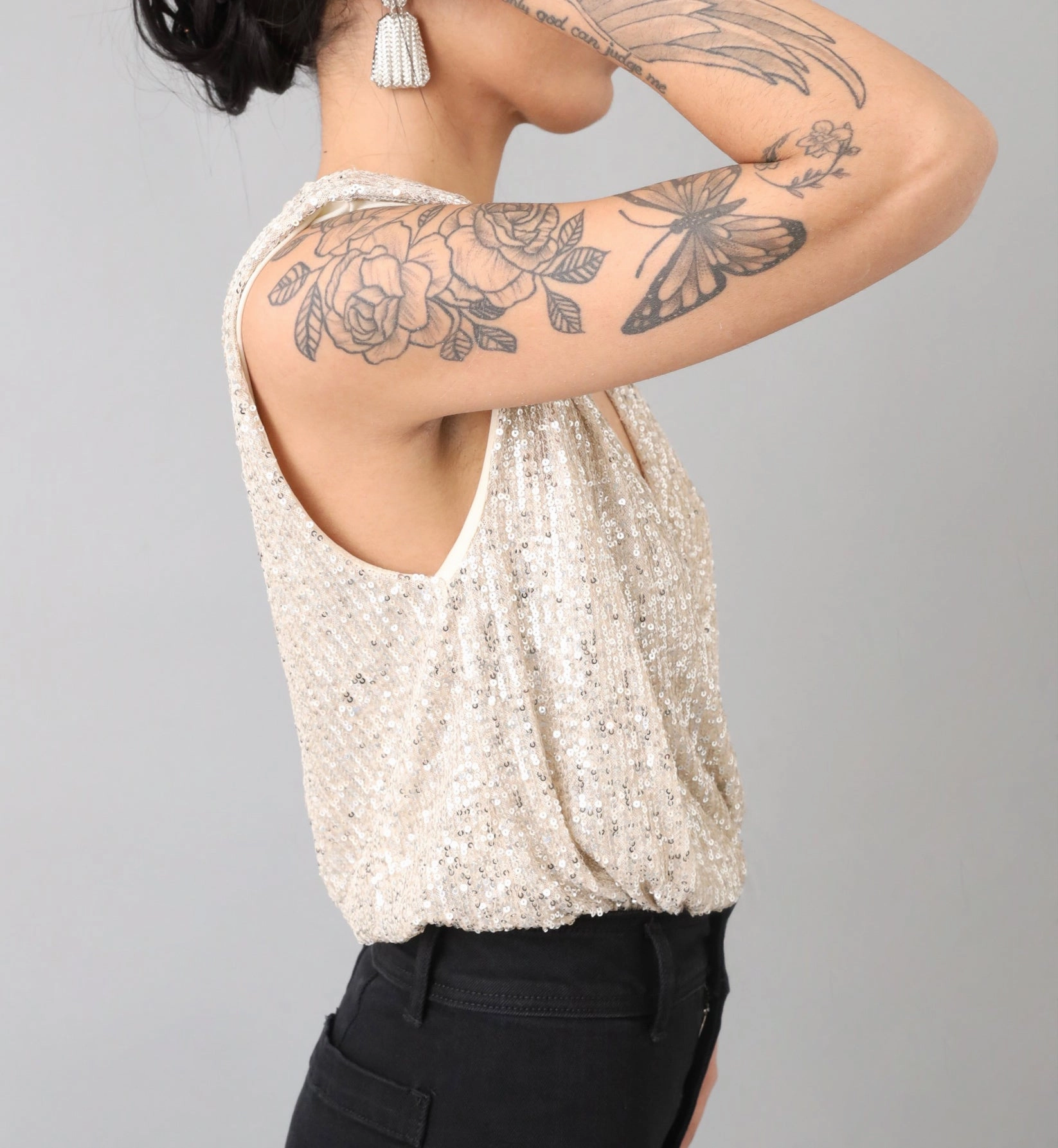 Have to Love Me Champagne Plunging Sequins Surplice Bodysuit