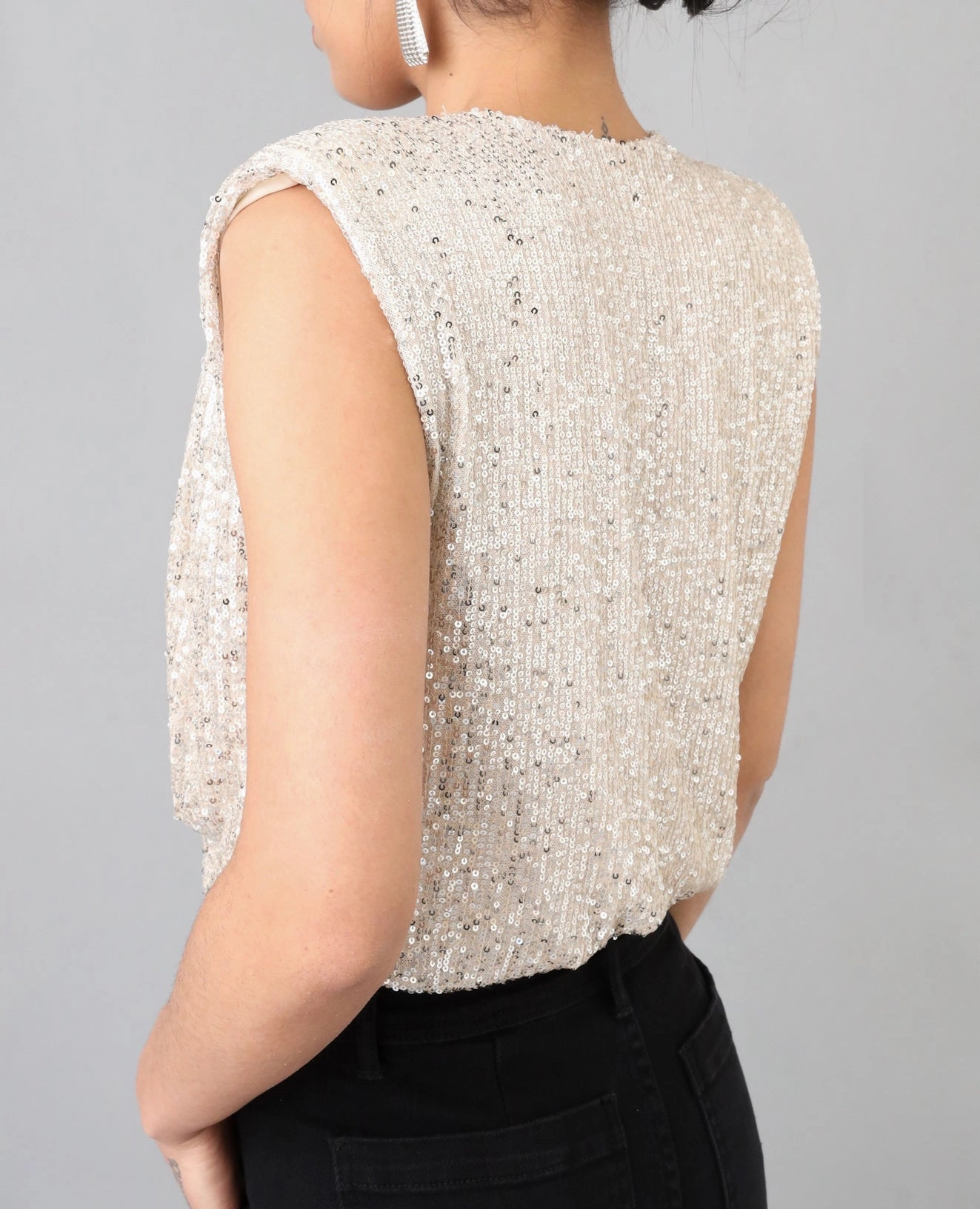 Have to Love Me Champagne Plunging Sequins Surplice Bodysuit