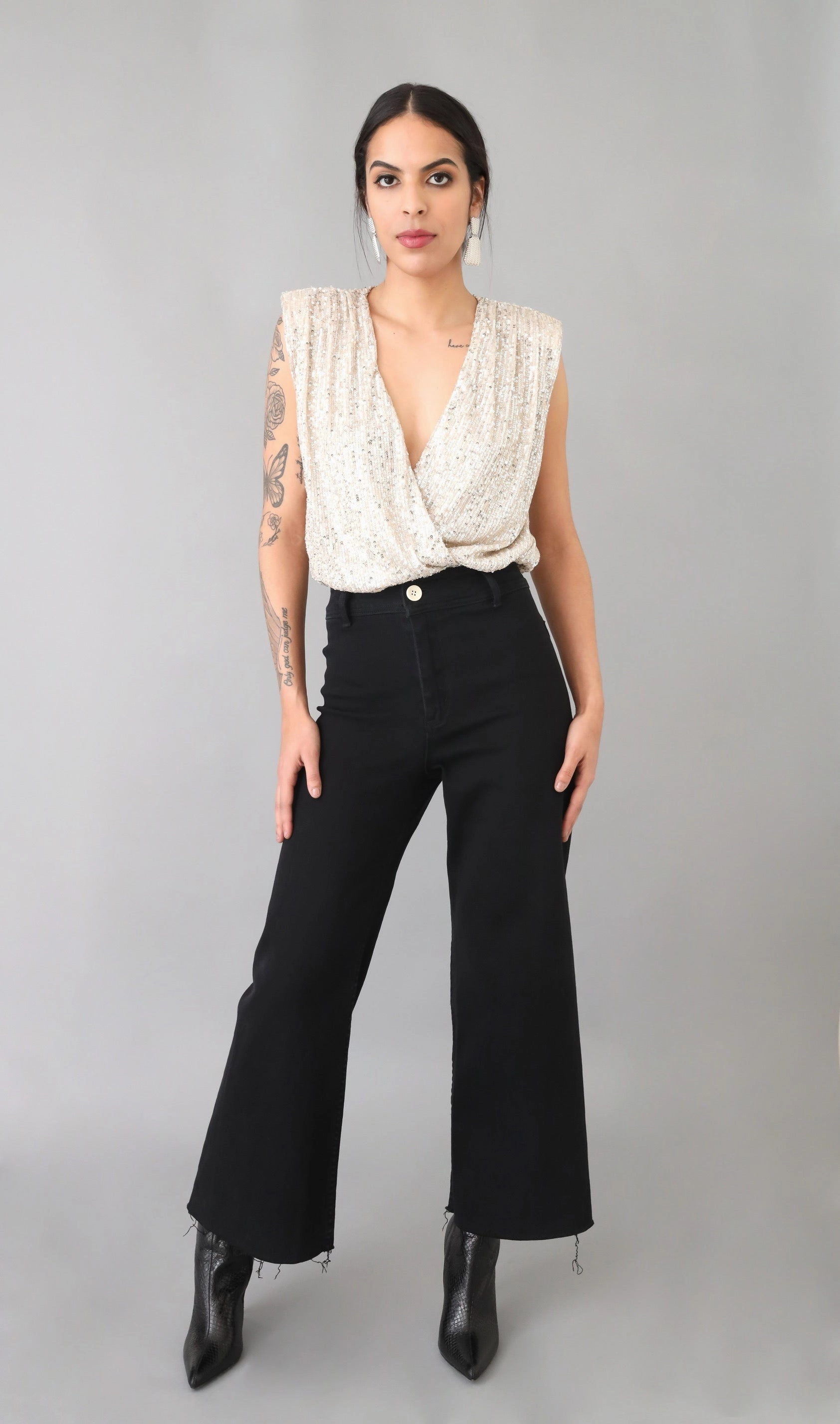 Have to Love Me Champagne Plunging Sequins Surplice Bodysuit