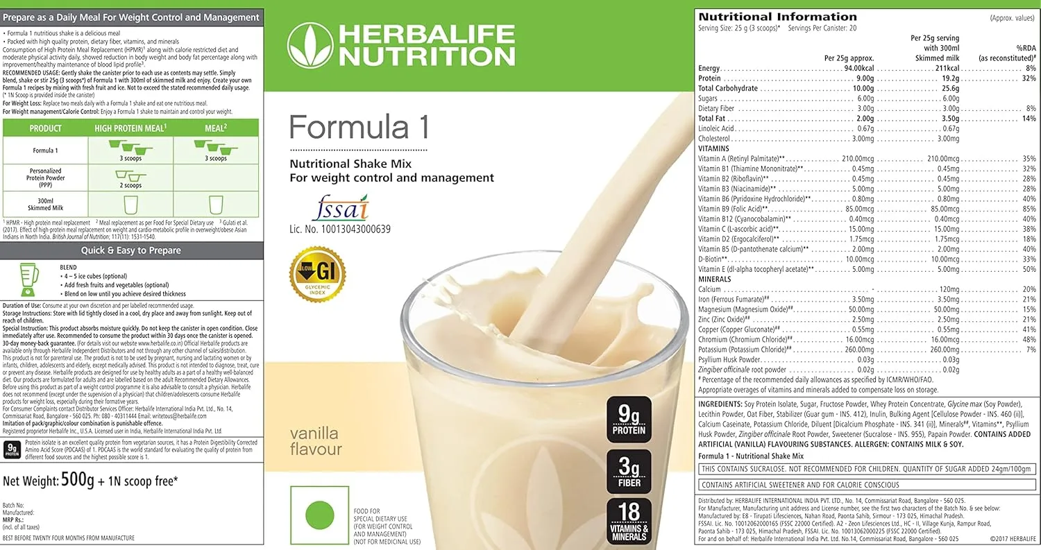Herbalife Formula 1 Nutritional Shake Mix, Weight Management Meal Replacement, 500g (500 Gram, Vanilla)