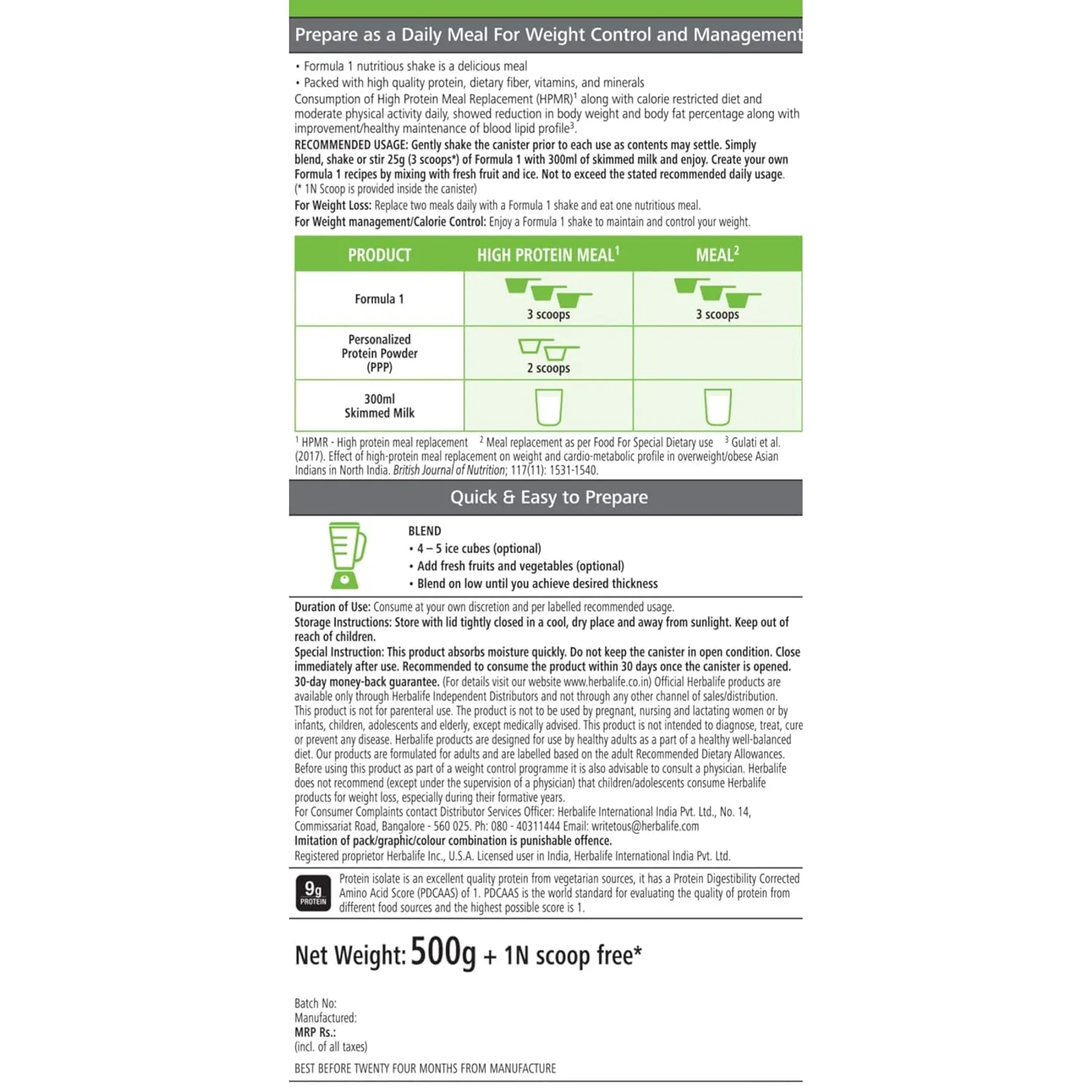 Herbalife Formula 1 Nutritional Shake Mix, Weight Management Meal Replacement, 500g (500 Gram, Vanilla)