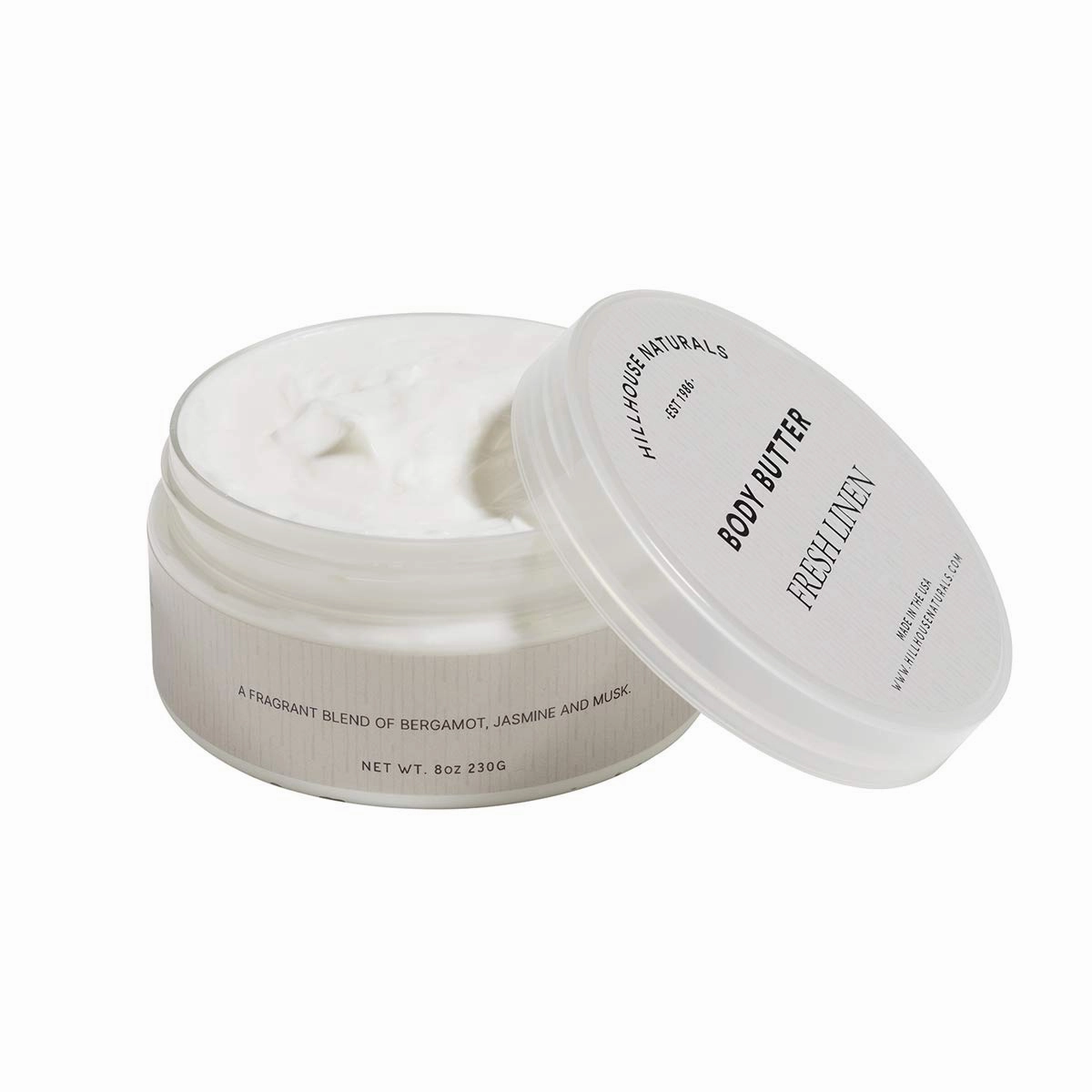 Hillhouse Naturals Fresh Linen 8oz. Body Butter Ultra-Moisturizing,Renewing, Deep Hydration For Dry Skin. Blend of lemon and orange interwoven with bergamot, rose, jasmine and musk. Made in the USA