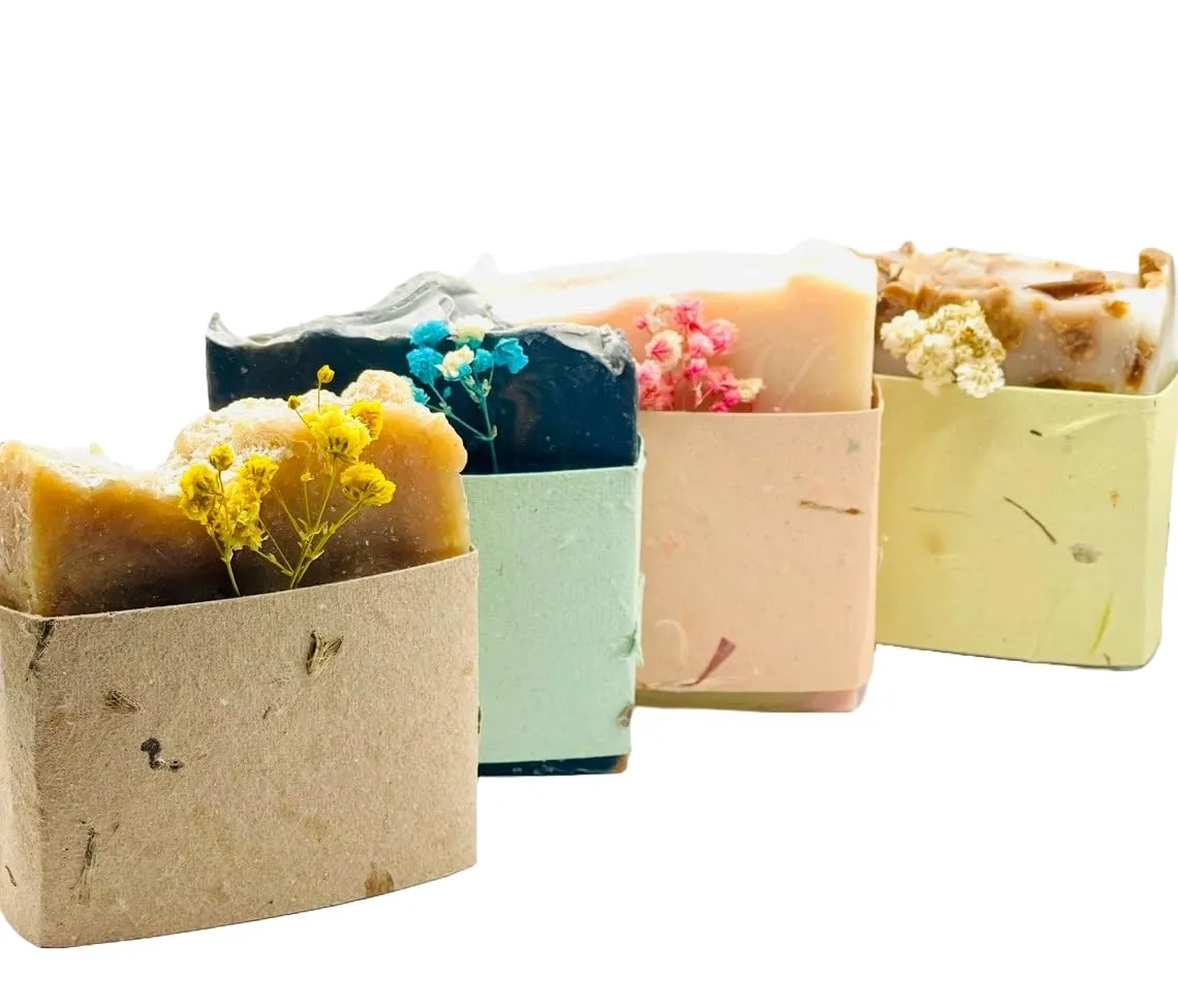 Holiday Gift Organic Soap Set(4 Packs) - Collagen Calendula, Creamy Triple Butter, Detoxe Tumeric, Rose Charcole