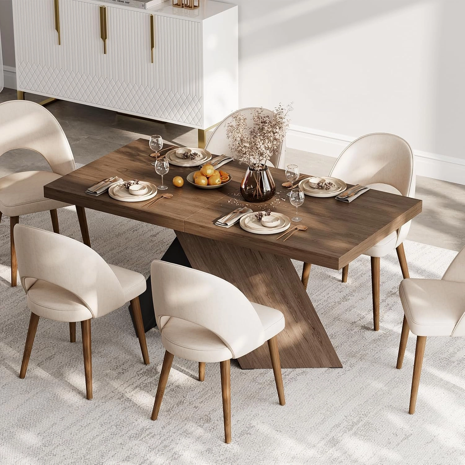 homary Extendable Dining Table with Walnut Finish, Modern Rectangle Kitchen Table w/Pedestal Base, Seats 6-8 (Walnut, 63"-79" (Seats 6-8))