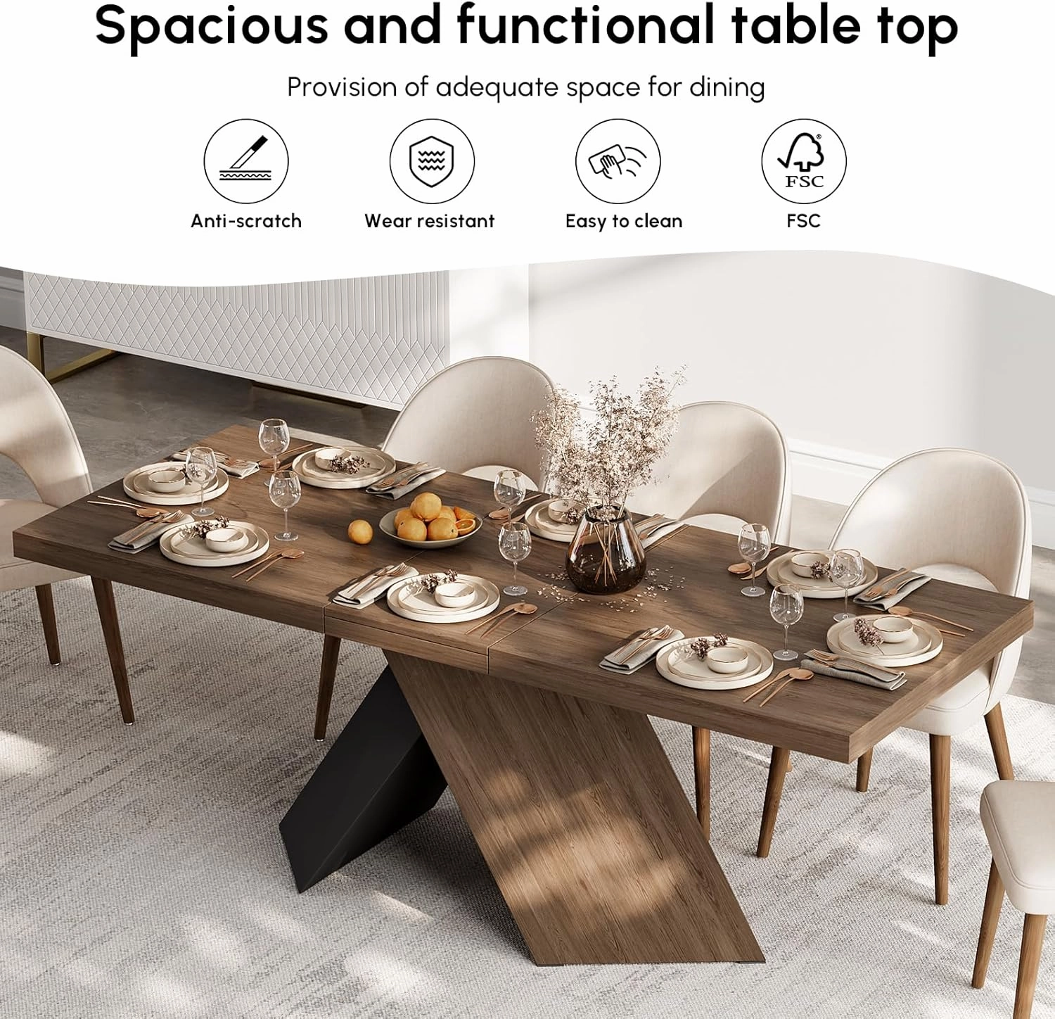 homary Extendable Dining Table with Walnut Finish, Modern Rectangle Kitchen Table w/Pedestal Base, Seats 6-8 (Walnut, 63"-79" (Seats 6-8))