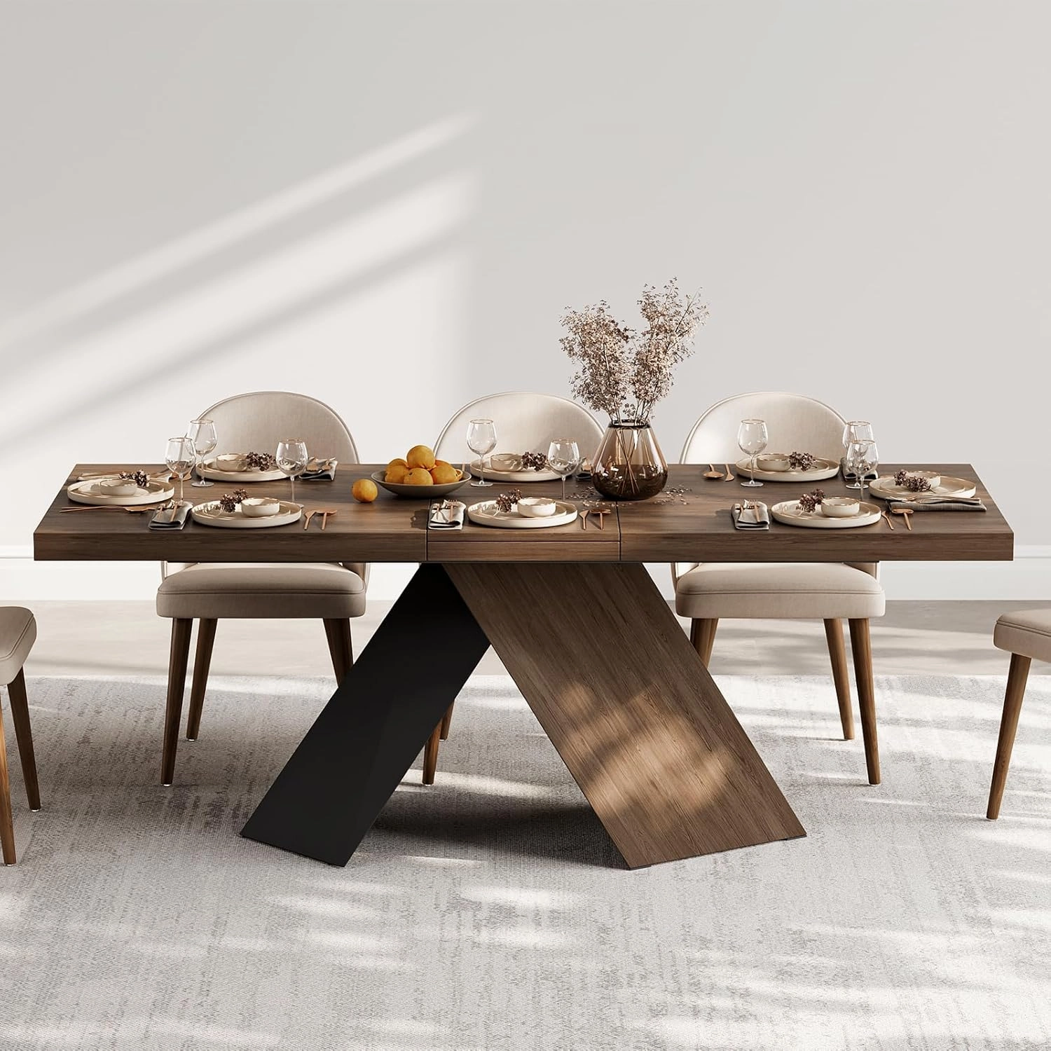homary Extendable Dining Table with Walnut Finish, Modern Rectangle Kitchen Table w/Pedestal Base, Seats 6-8 (Walnut, 63"-79" (Seats 6-8))