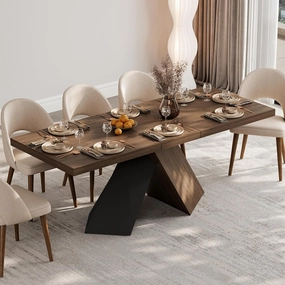 homary Extendable Dining Table with Walnut Finish, Modern Rectangle Kitchen Table w/Pedestal Base, Seats 6-8 (Walnut, 63"-79" (Seats 6-8))