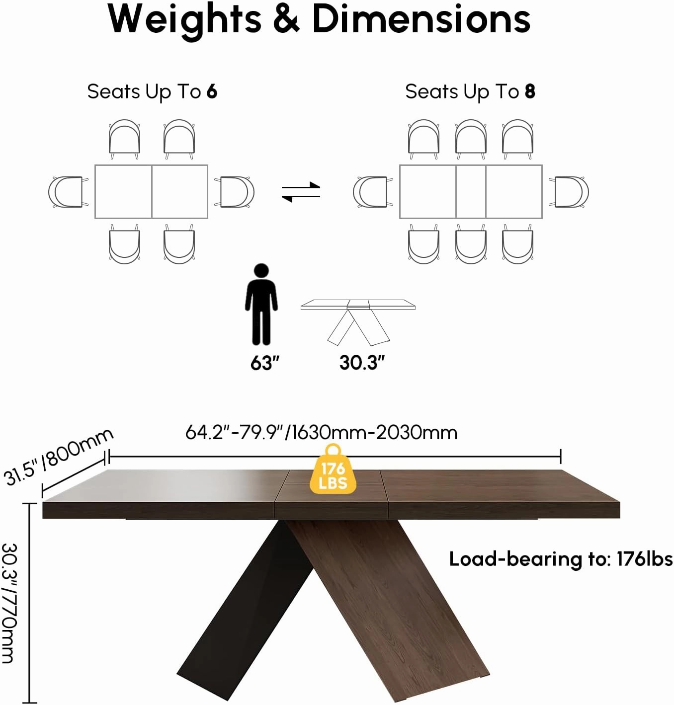 homary Extendable Dining Table with Walnut Finish, Modern Rectangle Kitchen Table w/Pedestal Base, Seats 6-8 (Walnut, 63"-79" (Seats 6-8))