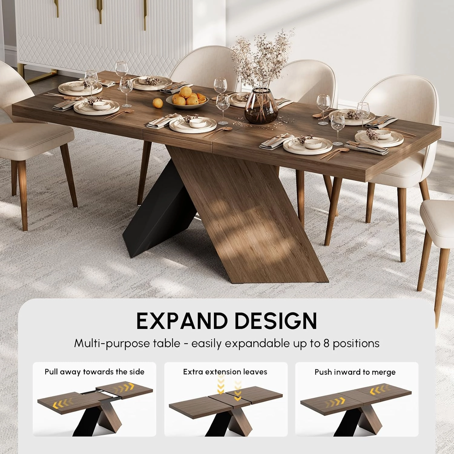 homary Extendable Dining Table with Walnut Finish, Modern Rectangle Kitchen Table w/Pedestal Base, Seats 6-8 (Walnut, 63"-79" (Seats 6-8))