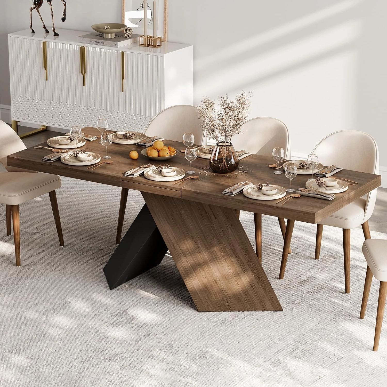 homary Extendable Dining Table with Walnut Finish, Modern Rectangle Kitchen Table w/Pedestal Base, Seats 6-8 (Walnut, 63"-79" (Seats 6-8))