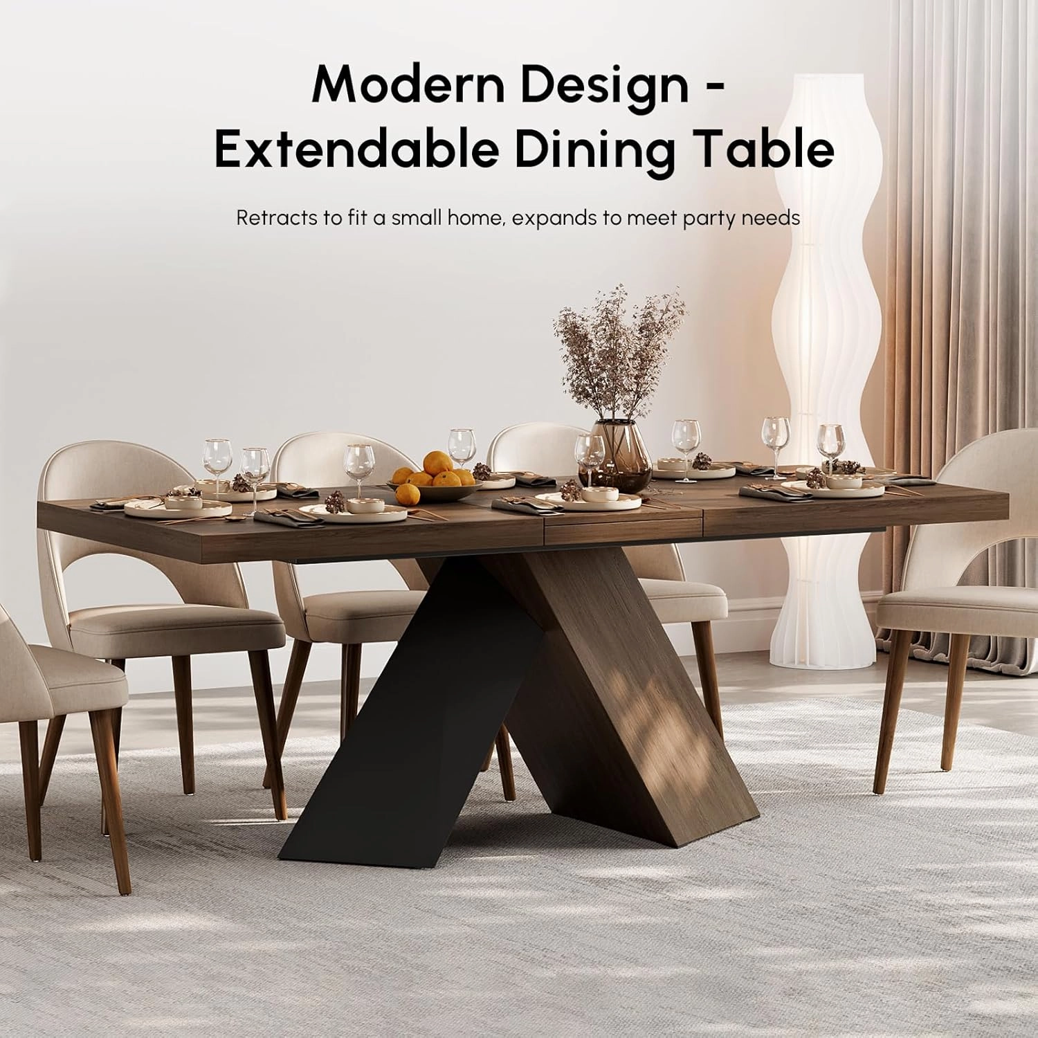 homary Extendable Dining Table with Walnut Finish, Modern Rectangle Kitchen Table w/Pedestal Base, Seats 6-8 (Walnut, 63"-79" (Seats 6-8))