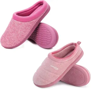 HomeTop Couple’s Set of 2 Pairs - Knit Memory Foam Slippers (Size 5-6, Pink) - Quilted Cashmere Like Slippers (Size 5-6, Pink)