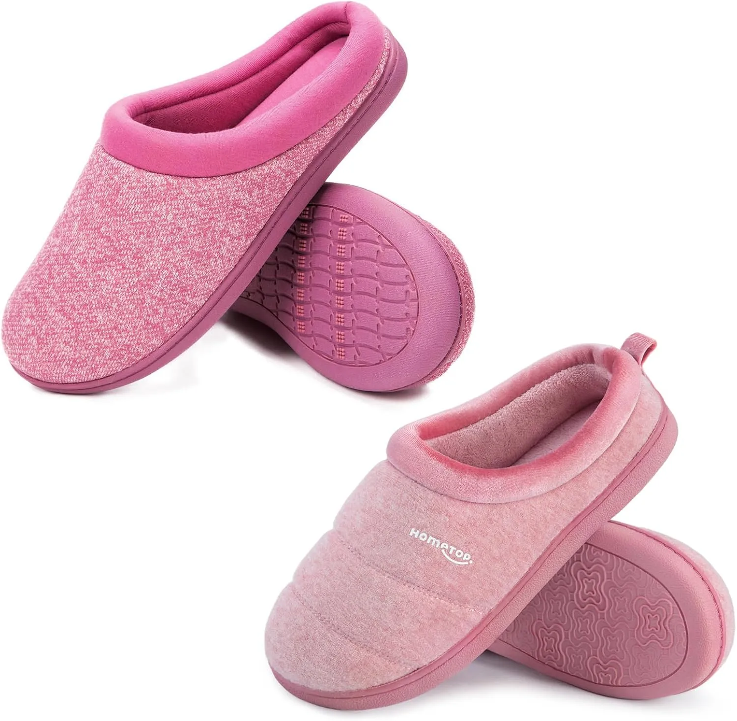 HomeTop Couple’s Set of 2 Pairs - Knit Memory Foam Slippers (Size 5-6, Pink) - Quilted Cashmere Like Slippers (Size 5-6, Pink)