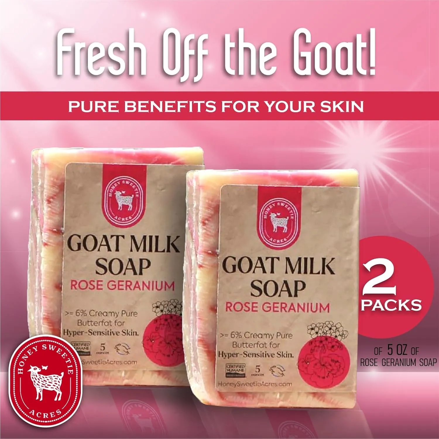 Honey Sweetie Acres 2-Pack Rose Geranium Goat Milk Soap - Handmade 5 oz Bar, Made with Natural Ingredients, Moisturizing & Gentle, Made in the USA