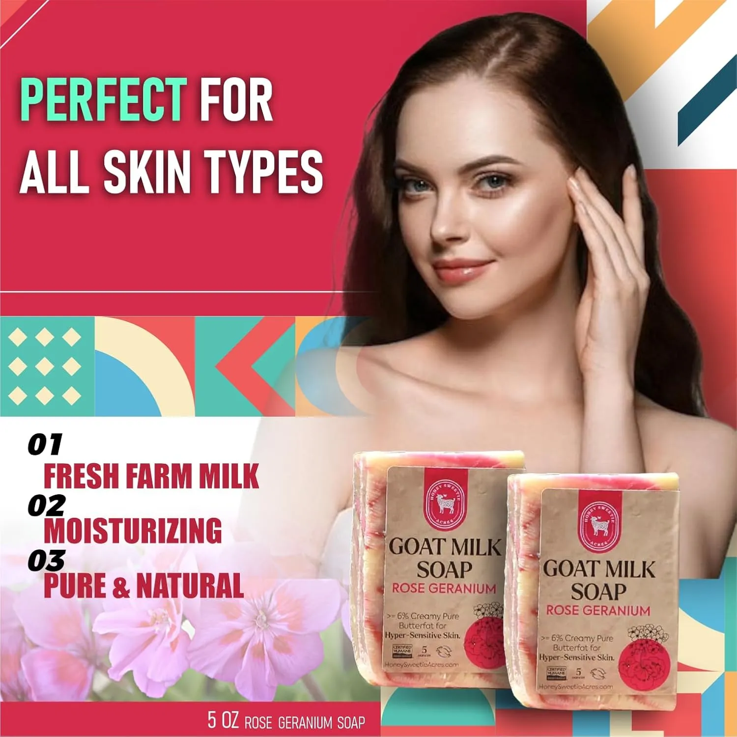 Honey Sweetie Acres 2-Pack Rose Geranium Goat Milk Soap - Handmade 5 oz Bar, Made with Natural Ingredients, Moisturizing & Gentle, Made in the USA