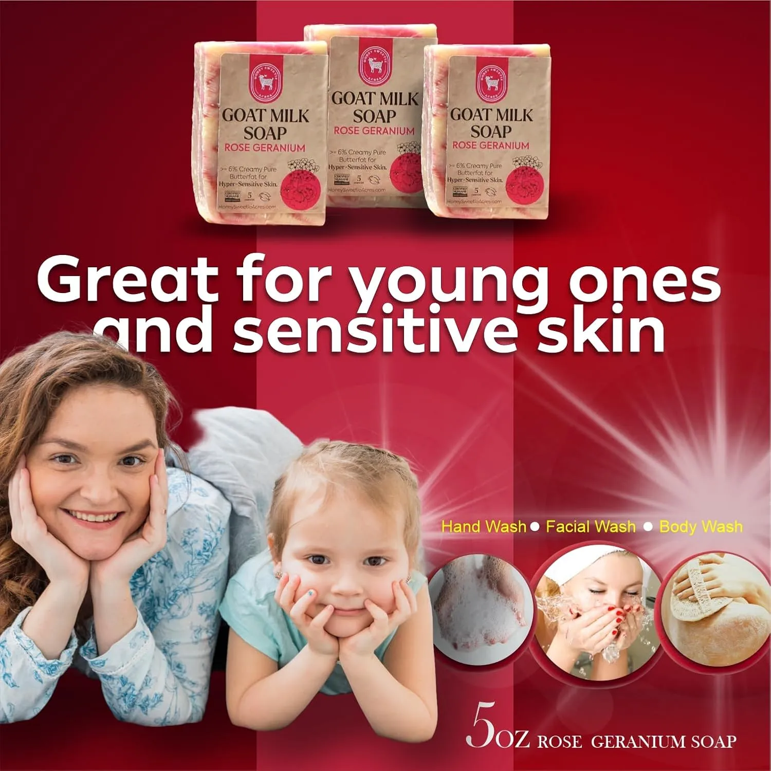 Honey Sweetie Acres 3-Pack Rose Geranium Goat Milk Soap - Handmade 5 oz Bar, Made with Natural Ingredients, Moisturizing & Gentle, Made in the USA