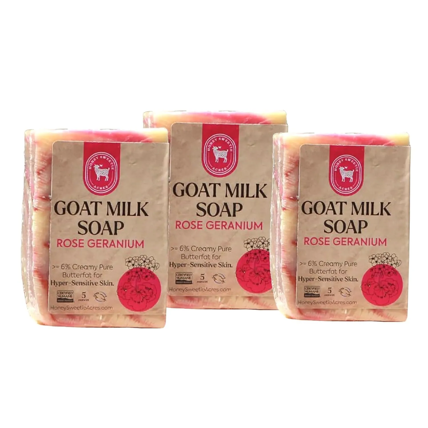 Honey Sweetie Acres 3-Pack Rose Geranium Goat Milk Soap - Handmade 5 oz Bar, Made with Natural Ingredients, Moisturizing & Gentle, Made in the USA