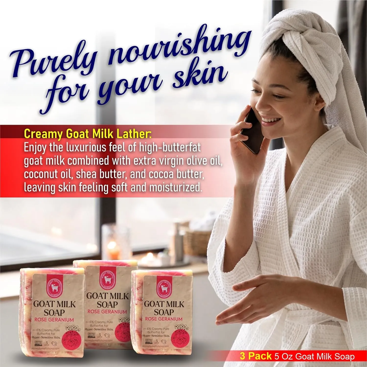 Honey Sweetie Acres 3-Pack Rose Geranium Goat Milk Soap - Handmade 5 oz Bar, Made with Natural Ingredients, Moisturizing & Gentle, Made in the USA