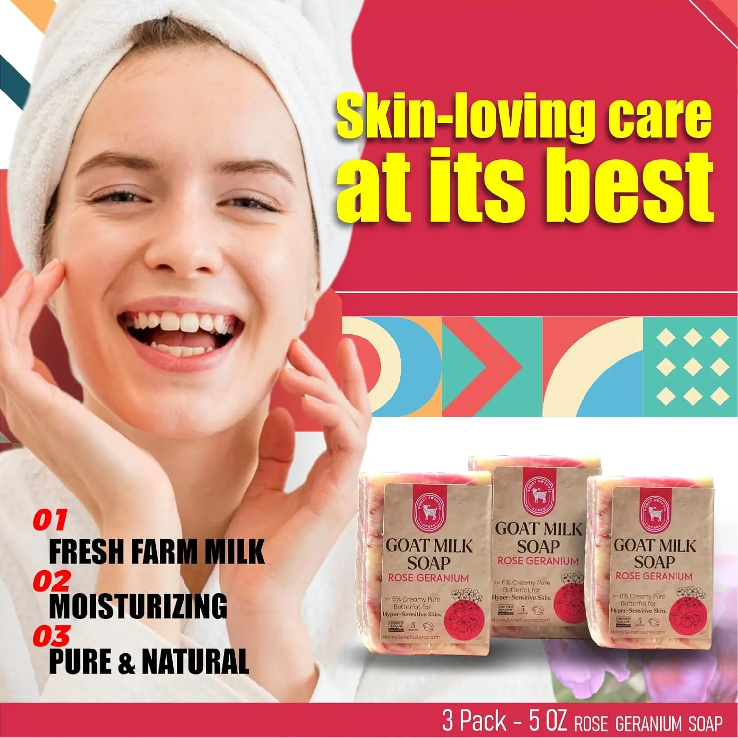 Honey Sweetie Acres 3-Pack Rose Geranium Goat Milk Soap - Handmade 5 oz Bar, Made with Natural Ingredients, Moisturizing & Gentle, Made in the USA