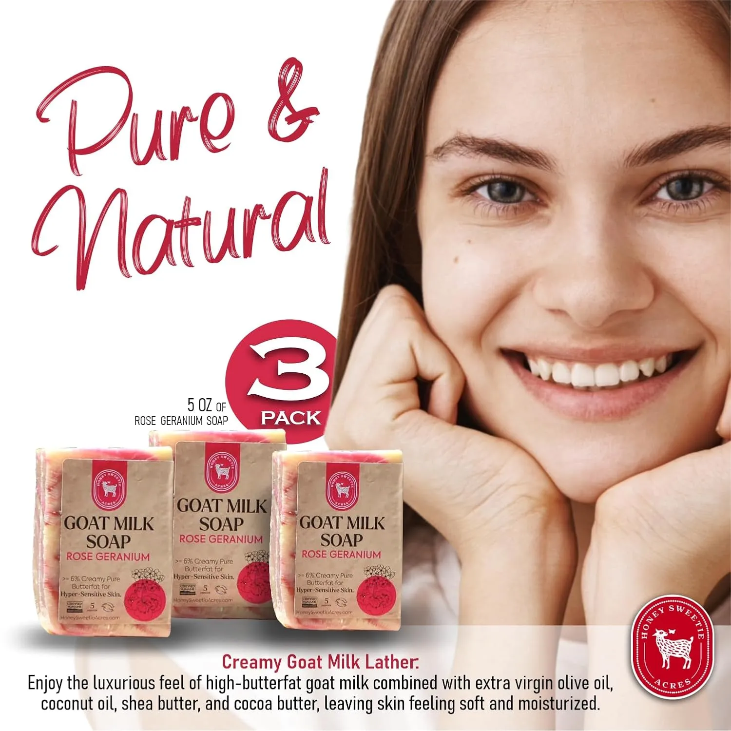 Honey Sweetie Acres 3-Pack Rose Geranium Goat Milk Soap - Handmade 5 oz Bar, Made with Natural Ingredients, Moisturizing & Gentle, Made in the USA